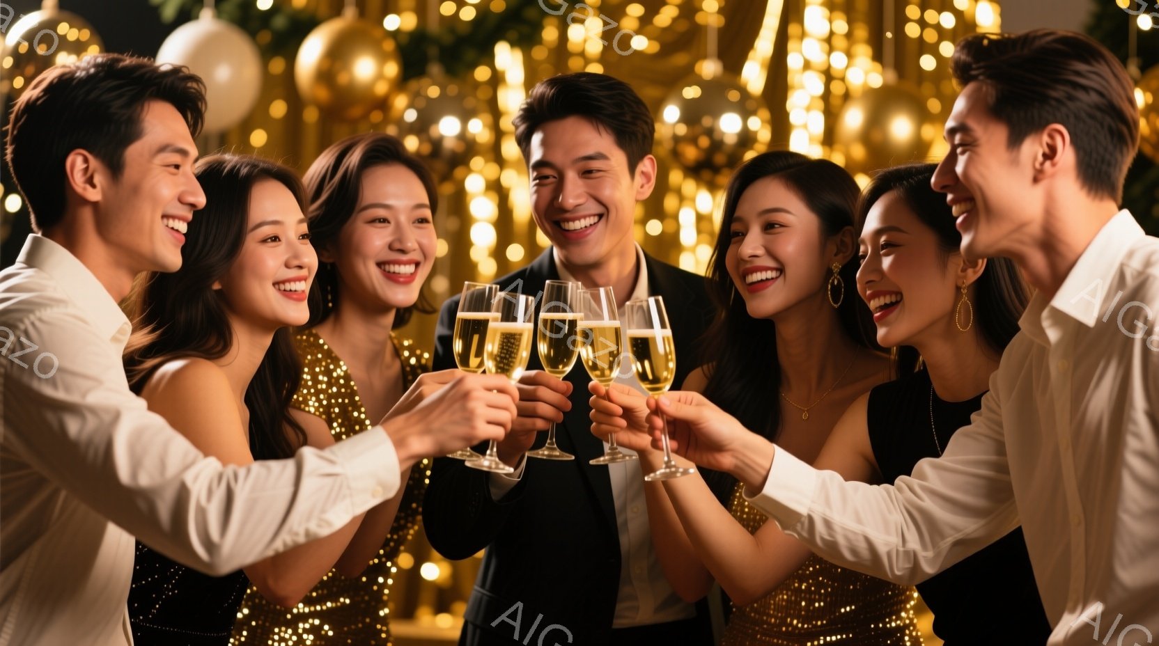 華やかなパーティーの様子で、6人の男女がシャンパングラスを高く掲げ、笑顔で乾杯をしている。女性たちはゴールドや黒の華やかなドレスを着用し、男性はスーツとシャツ姿で、皆おしゃれに決めている。背景にはきらびやかな光が輝き、お祝いムードを盛り上げている。