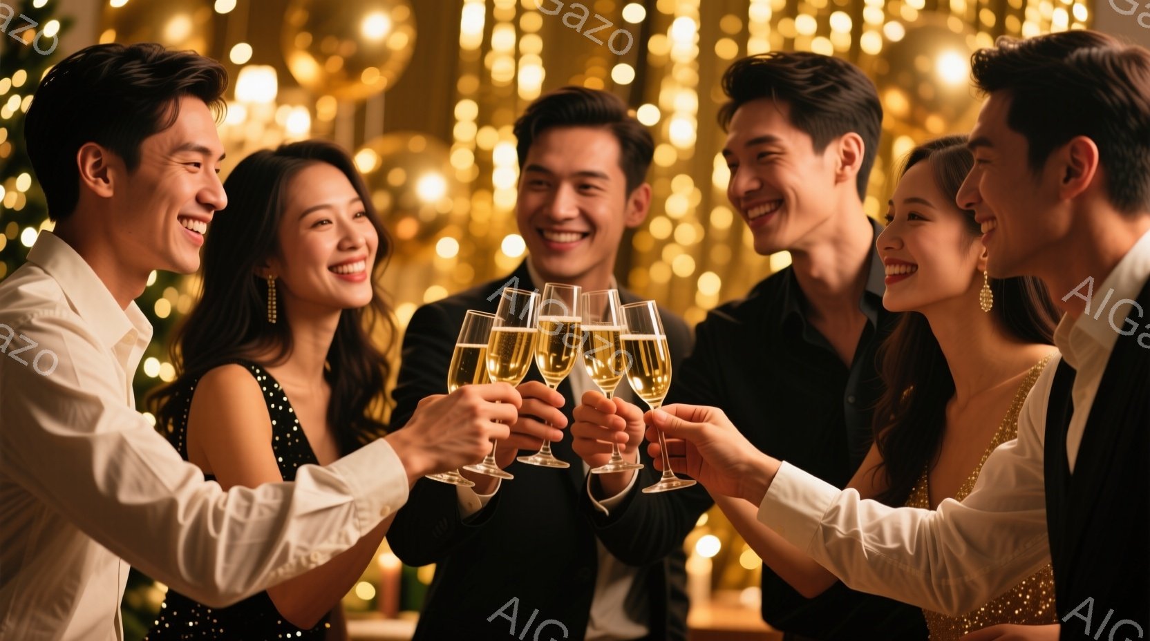 5人の若い男女がシャンパングラスを掲げ、互いに乾杯している様子が写っている。彼らは華やかなパーティー衣装を身につけ、皆笑顔で楽しんでいる。背景にはぼやけた光の装飾が施され、お祝いの雰囲気が漂う。 - AI生成フリー素材