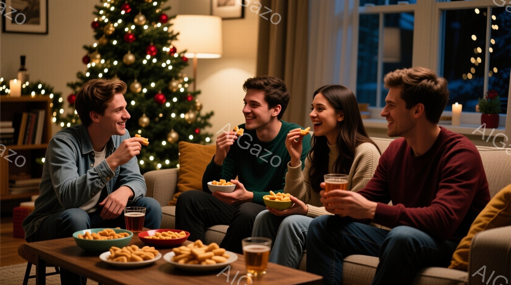 暖炉のそばのソファに四人が座り、軽食をつまみながら楽しそうに笑っています。男性はそれぞれデニムジャケットまたは赤いセーターを着ており、女性は白いセーターを着ています。背景には、明かりが灯されたクリスマ - AI生成フリー素材