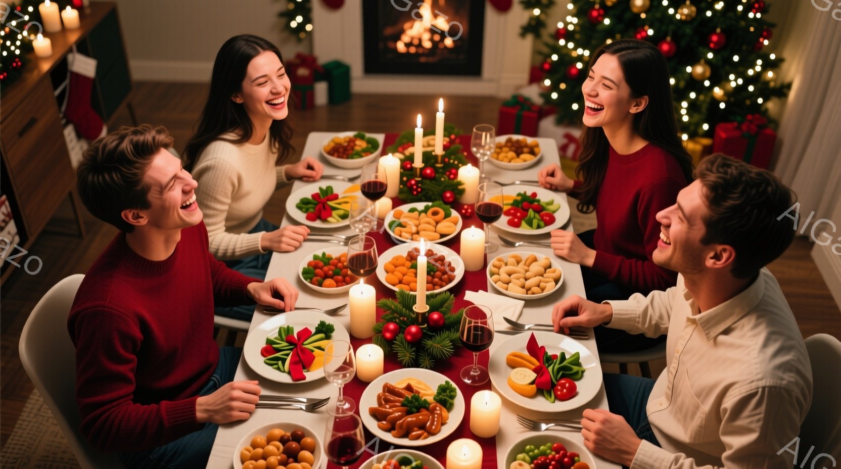 暖炉の火が灯る室内で、男女4人が円卓を囲み、食事を楽しんでいる様子が描かれている。全員がクリスマスらしい赤いニットやオフホワイトのシャツを着ており、笑顔で会話をしている様子から、温かい家庭的な雰囲気が伝わる。テーブルの上には様々な料理が並び、キャンドルやクリスマスデコレーションが暖かく照らし出されている。