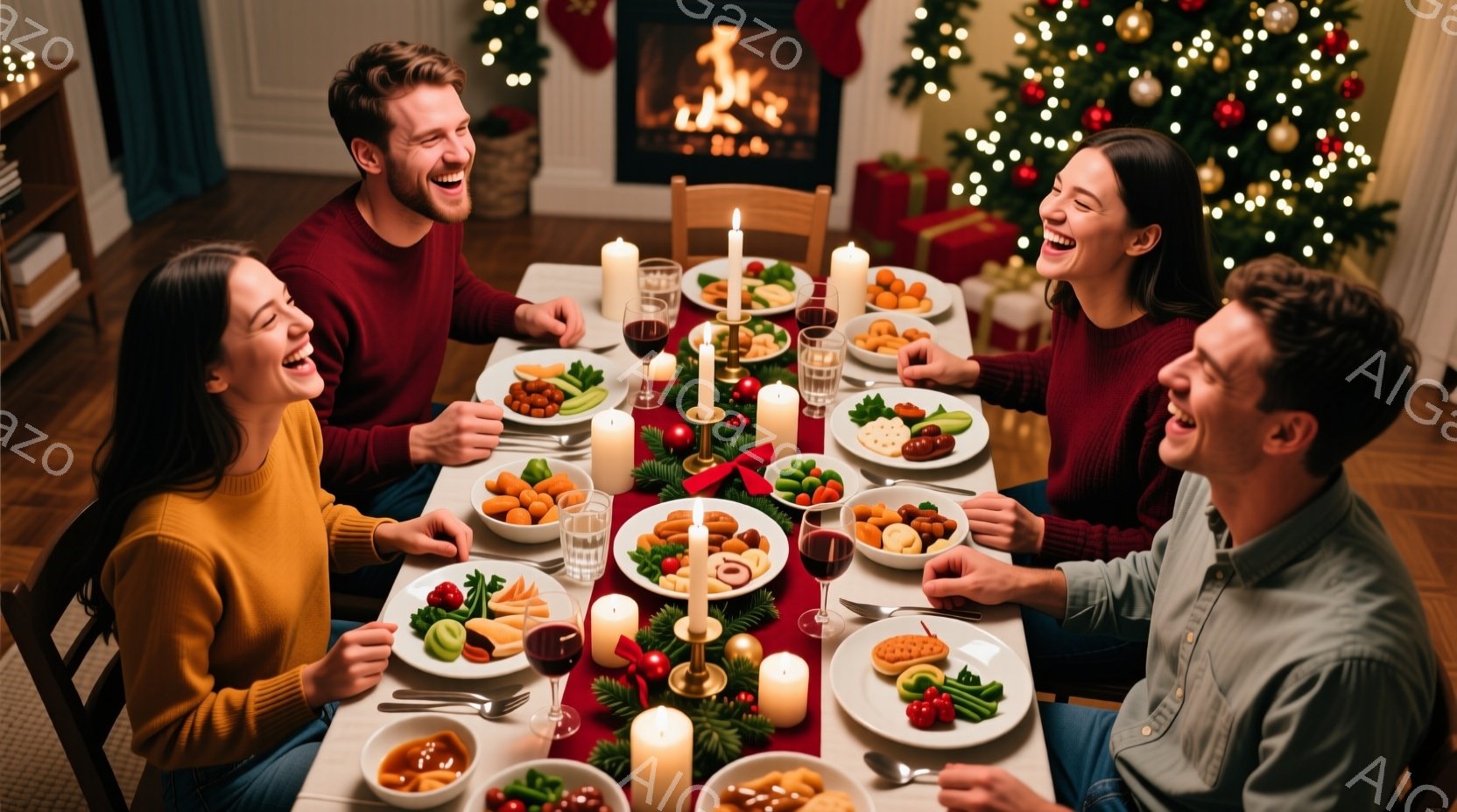 暖炉とクリスマスツリーを背景に、四人が食卓を囲んで楽しそうに食事をしている様子が写っています。女性は黄色と赤のセーターを着ており、男性はそれぞれグレーと赤のニットを着て、皆笑顔で、リラックスした雰囲気です。食卓には様々な料理が並び、キャンドルが灯されて温かく、幸せなクリスマスの夜を象徴しています。
