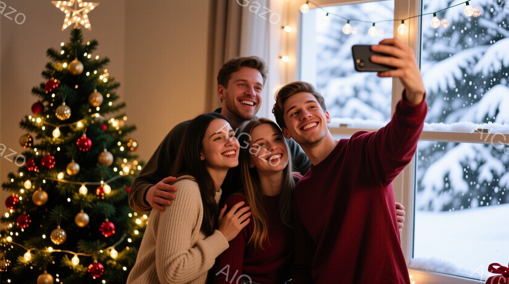 室内でクリスマスツリーを背景に、若い男女4人が寄り添って自撮りしている様子が写っている。女性はそれぞれオフホワイトと濃い赤色のセーターを着ており、男性は濃い赤色のシャツを着ている。背景には雪が降る冬景 - AI生成フリー素材