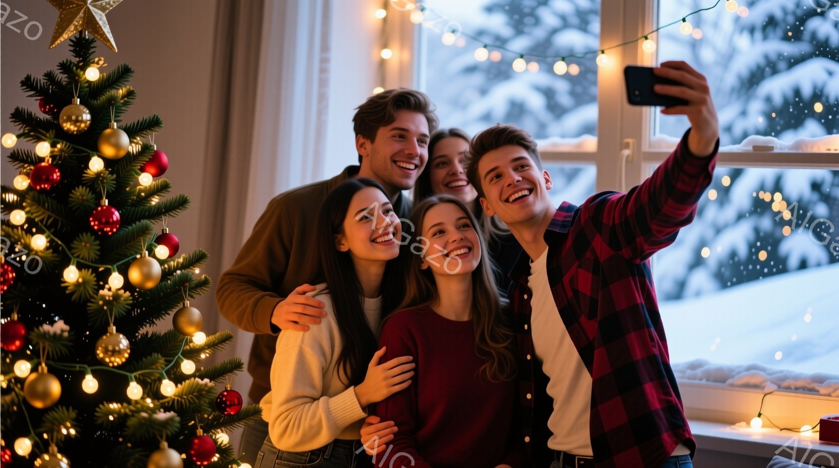 室内でクリスマスツリーを背景に、若い男女4人が寄り添って自撮りしている様子が写っている。彼らは皆笑顔で、カジュアルな冬服を着ており、女性はそれぞれ長髪、男性は短髪である。窓の外は雪景色で、暖かい室内とのコントラストが、幸せで和やかなクリスマスの雰囲気を醸し出している。