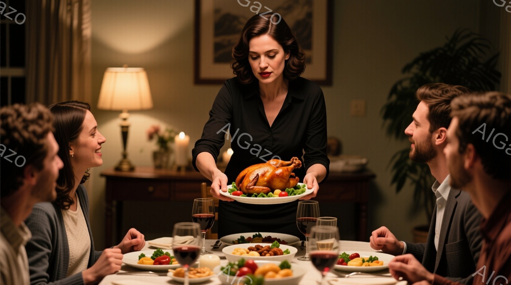 暖炉の光が差し込むダイニングルームで、女性が調理した七面鳥を食卓に並べようとしている。彼女は黒いドレスを着ており、髪は後ろでまとめられている。食卓にはワイングラスや料理が並び、他の人々は期待に満ちた表情でそれを見つめている。