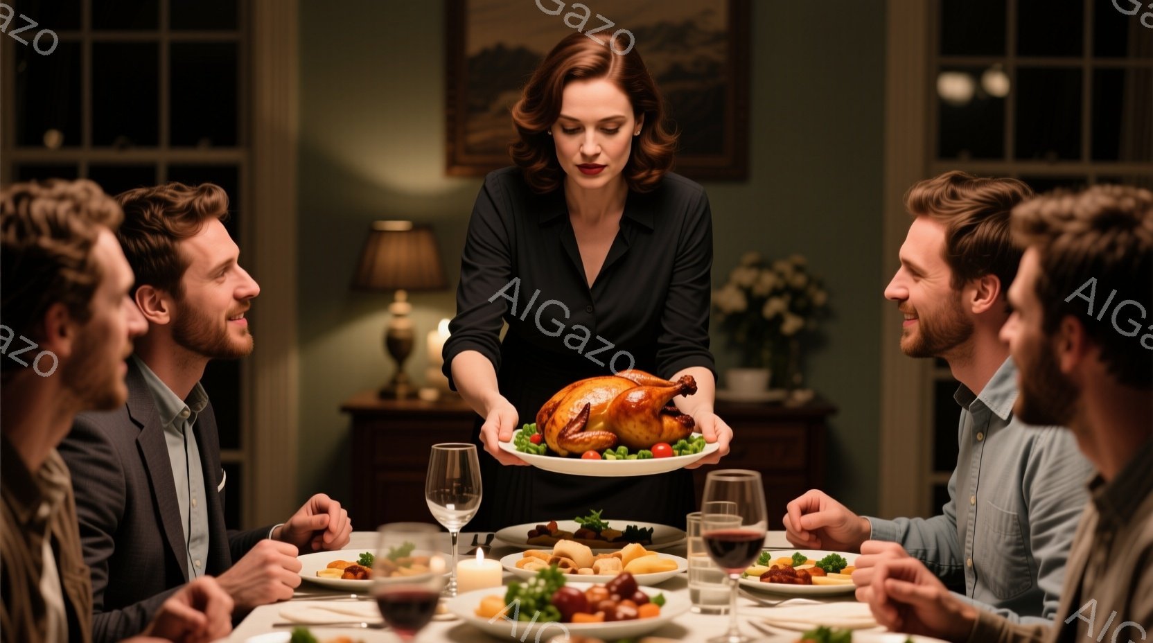 テーブルを囲んで夕食をとる人々が写っている。女性は黒いブラウスを着て髪を後ろにまとめ、ローストチキンを両手で掲げている。背景には暖色の照明と、花瓶に入った花、そしてぼんやりとした絵画が見え、全体的に暖かく、家庭的な雰囲気が漂っている。
