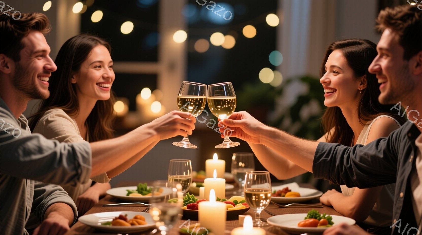 暖炉のような光が灯る食卓を囲む若い男女が写っている。彼らはワイングラスを高く掲げ、笑顔で互いに見つめ合い、楽しげなディナーを楽しんでいるようだ。テーブルには料理が並び、キャンドルの灯りが暖かく、親密な雰囲気を醸し出している。