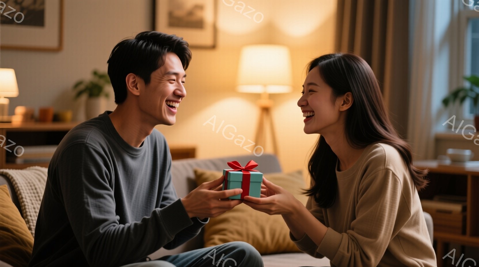 室内で若い男女が笑顔でプレゼント交換をしている様子が写っている。男性はネイビーのセーターを着ており、女性はベージュのニットを着て、髪を自然なウェーブにしている。背景にはソファ、ランプ、植物が見え、温かく穏やかな雰囲気が漂っている。