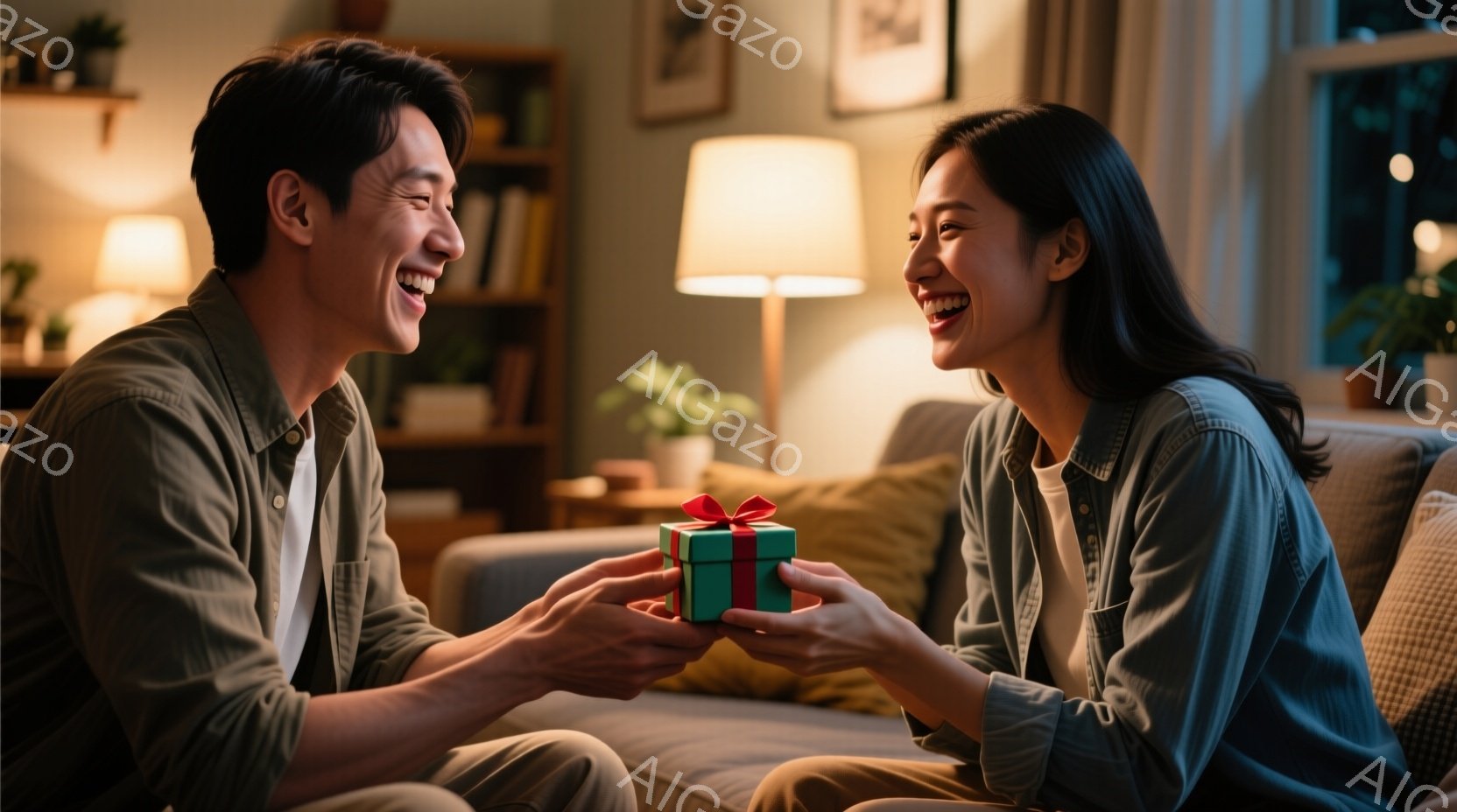 室内で、若い男性が女性に緑色のリボンで結ばれた小さなプレゼントを渡しています。二人はソファに座り、満面の笑顔を浮かべており、幸せな雰囲気が伝わってきます。背景には本棚や間接照明が見え、暖かく穏やかなリビングルームの光景です。