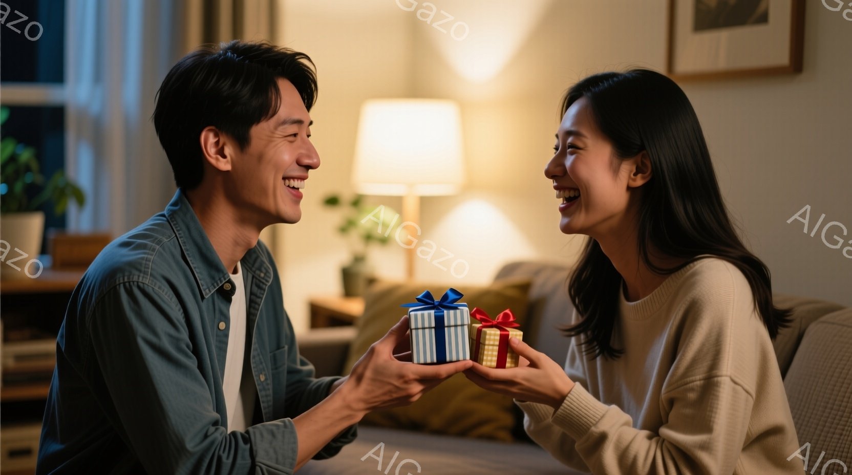 室内で、男性と女性がプレゼントを交換し合っている様子が写っている。男性はデニムシャツを着ており、女性はクリーム色のセーターを着ていて、共に笑顔を見せている。背景には、クッションが置かれたソファとランプ、そしてわずかに見える植物があり、温かく優しい家庭的な雰囲気が漂っている。