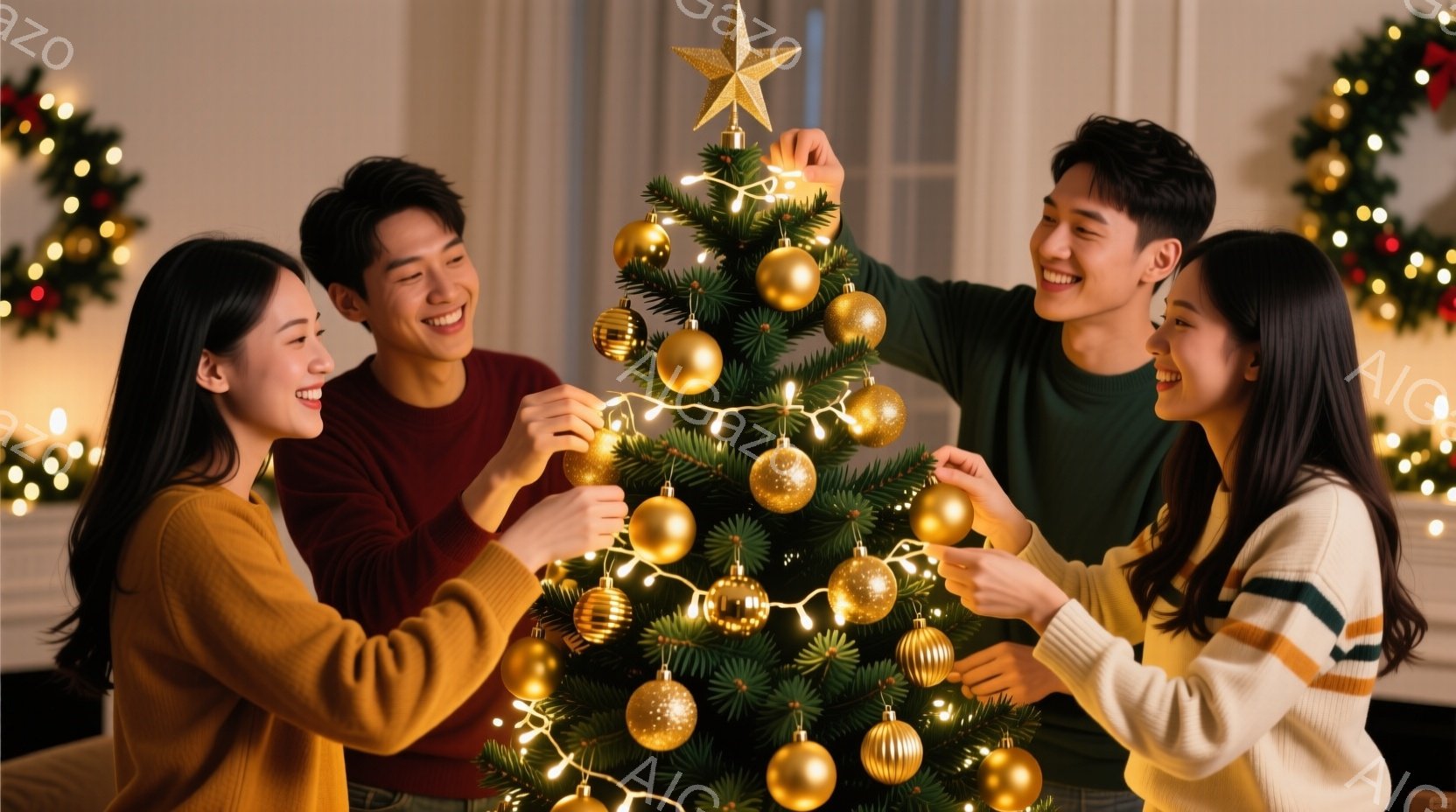 4人の若い男女がクリスマスツリーを飾り付けている写真です。彼らはそれぞれ暖色系のセーターを着ており、笑顔でオーナメントをツリーに飾っています。背景にはぼやけたクリスマス装飾が見え、全体的に温かく幸せな - AI生成フリー素材