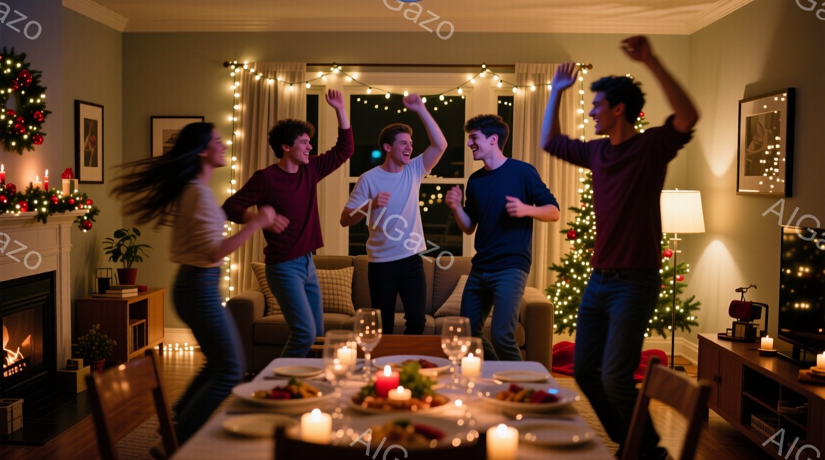 暖炉のあるリビングルームで、若い男女４人がクリスマスの飾り付けの中で踊っています。赤いセーターを着た女性と、白シャツを着た男性、それぞれが腕を上げて喜びの表情を浮かべており、部屋全体が温かく、楽しげな雰囲気に包まれています。テーブルには食事の準備がされており、キャンドルの光が柔らかく照らし出し、クリスマスの飾りと相まって、お祝いのムードが漂っています。