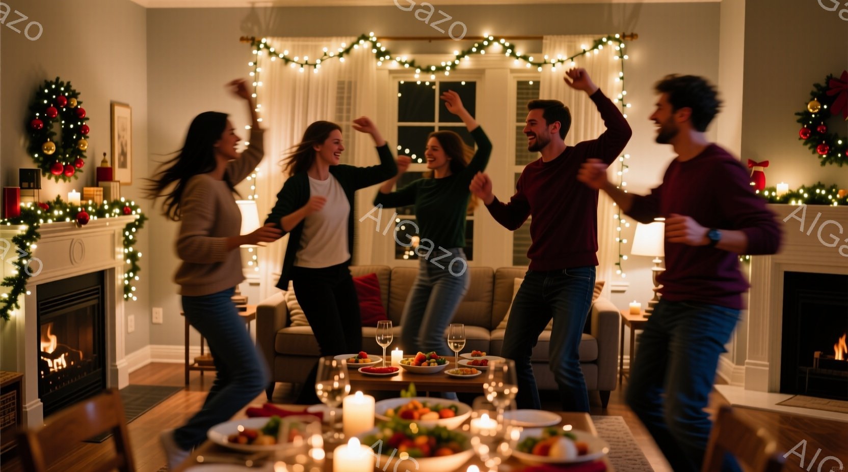 クリスマス飾りで飾られたリビングで、若い男女が楽しそうに踊っています。女性はそれぞれ黒髪で、カジュアルな服装をしています。男性は、赤いシャツを着ており、皆顔を上げて楽しんでいる様子で、室内は温かく、お祝いムードに満ちています。