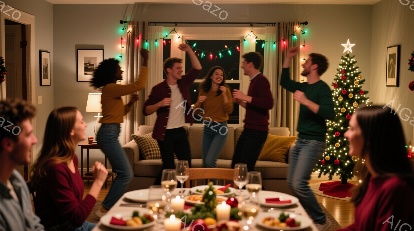 室内にはクリスマスの飾り付けが施され、人々が楽しそうに踊っています。女性は明るいオレンジ色のトップス、男性はカジュアルなシャツを着ており、皆笑顔で活気に満ちています。背景には、クリスマスツリーや食卓、暖炉が見え、温かく、親密な雰囲気を作り出しています。