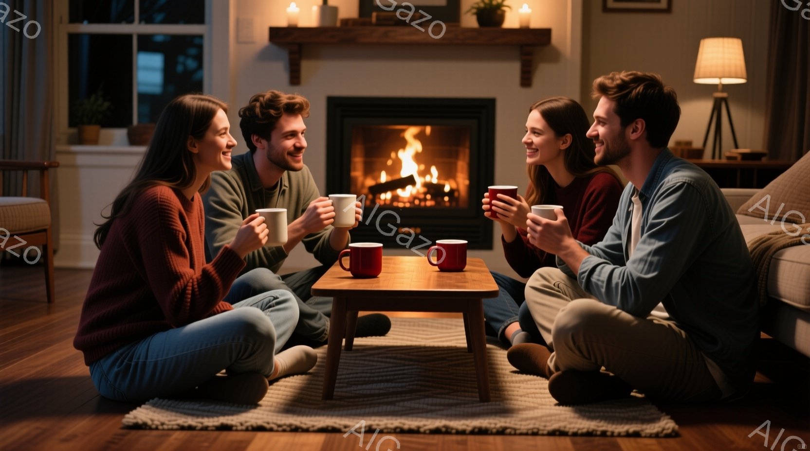 暖炉の前で座ってコーヒーを飲む若いカップル二人組が写っています。女性は長めの髪でセーターを着ており、男性は短めの髪でシャツを着ています。背景には暖炉、本棚、そして暖かい照明があり、全体的に穏やかで心地よい雰囲気が漂っています。