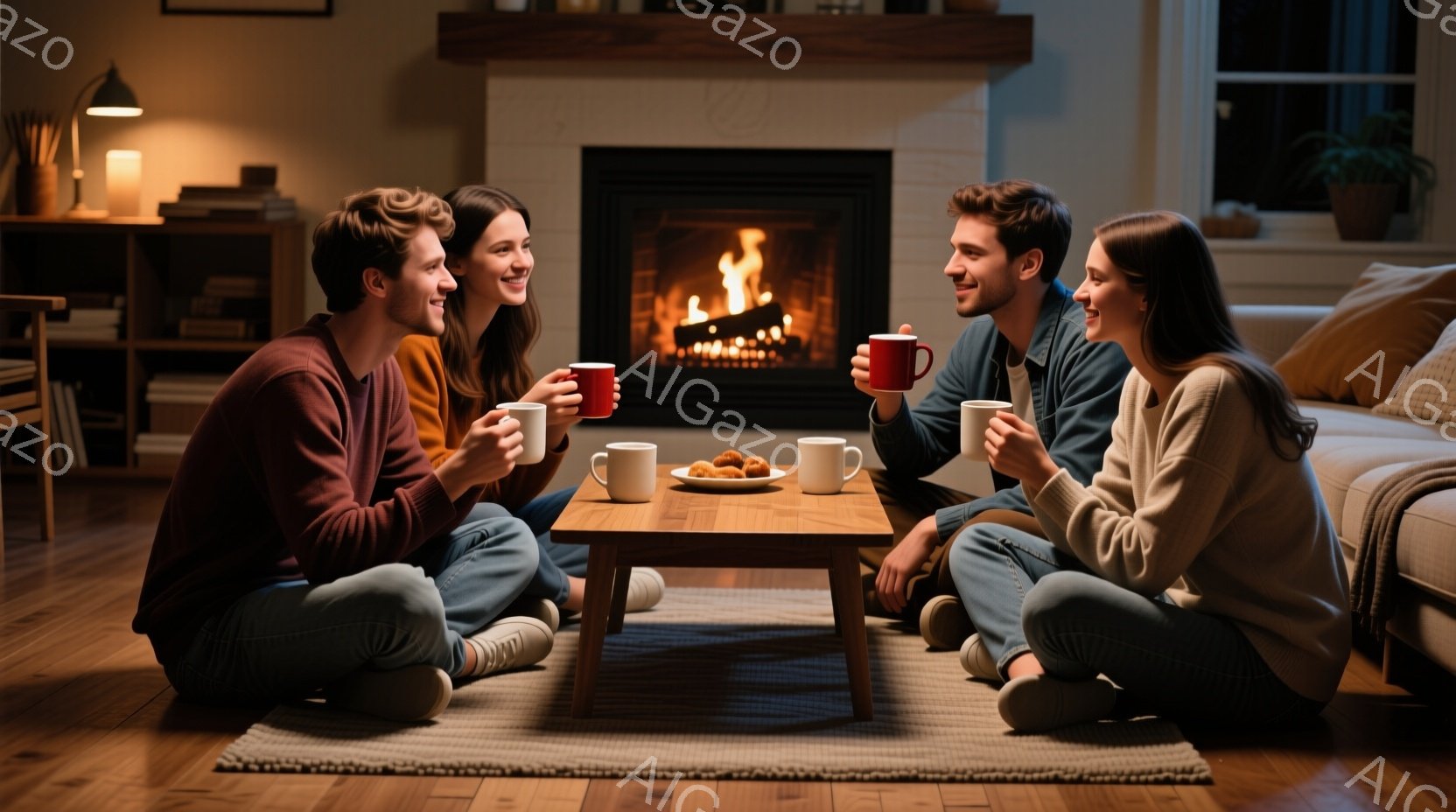 暖炉の前で床に座って温かい飲み物を楽しむ若いカップルが二人描かれています。女性はオレンジ色のセーターを着ており、男性は赤茶色のセーターを着ています。暖炉の火が優しく照らし、部屋全体が温かく、リラックスした雰囲気に包まれています。
