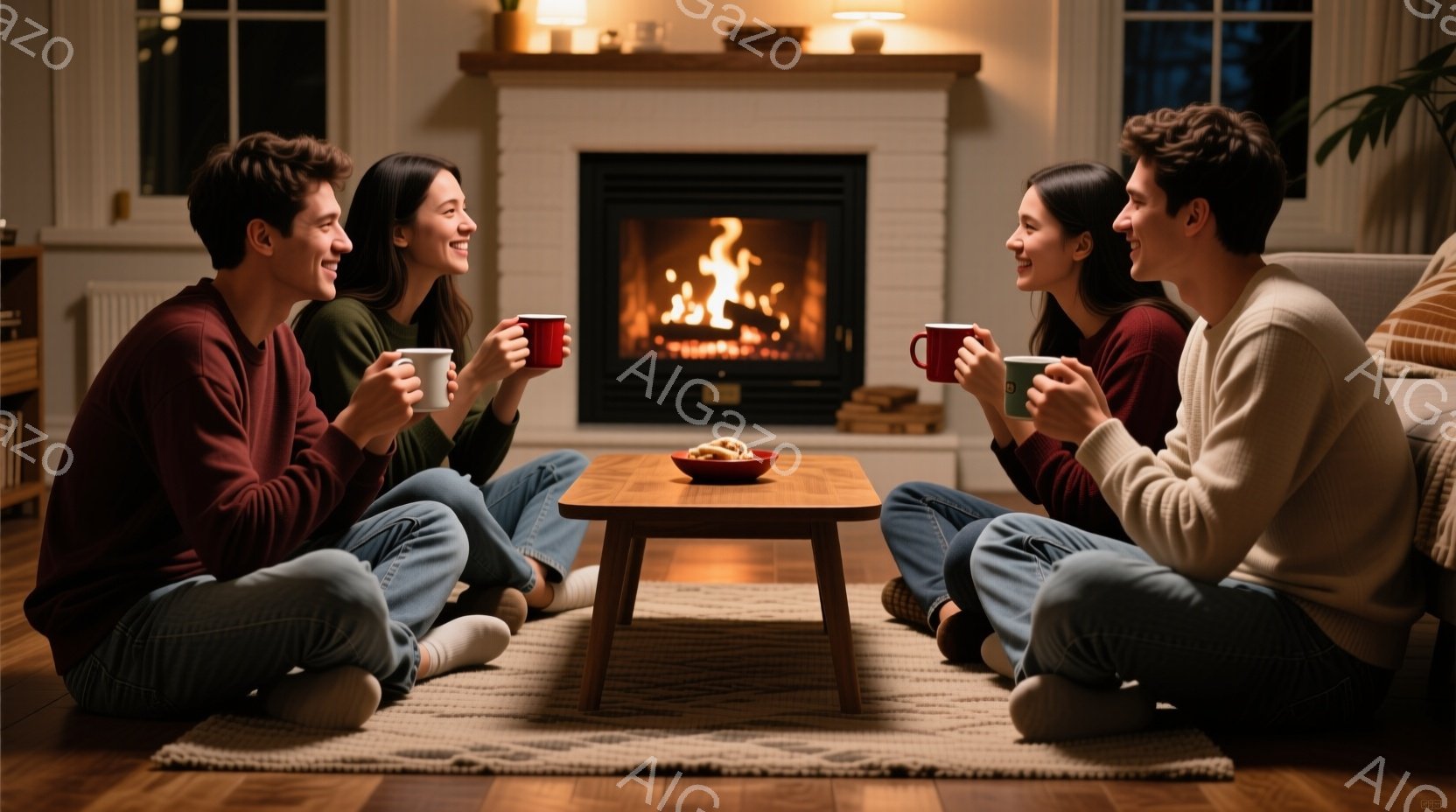 暖炉の前で床に座って、二組の若いカップルが微笑みながら温かい飲み物を楽しんでいる。彼らはそれぞれ赤いシャツとセーターを着ており、リラックスした表情で互いに向き合っている。背景には、暖炉の炎、木製のテーブル、そして植物が見え、全体的に温かく居心地の良い雰囲気が漂っている。