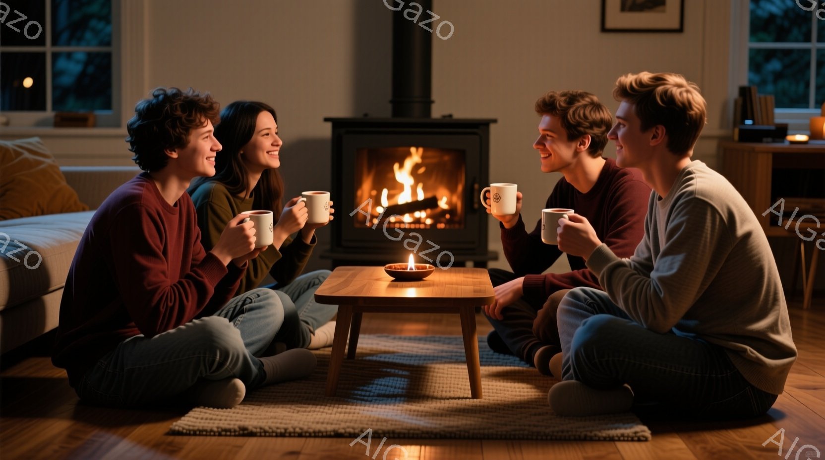 暖炉の前で床に座っている若いカップルが描かれています。女性は茶色の長い髪で、笑顔を見せながら白いマグカップを持っています。男性は短い髪で、同じように微笑みながらマグカップを持っています。 暖炉の炎、木 - AI生成フリー素材