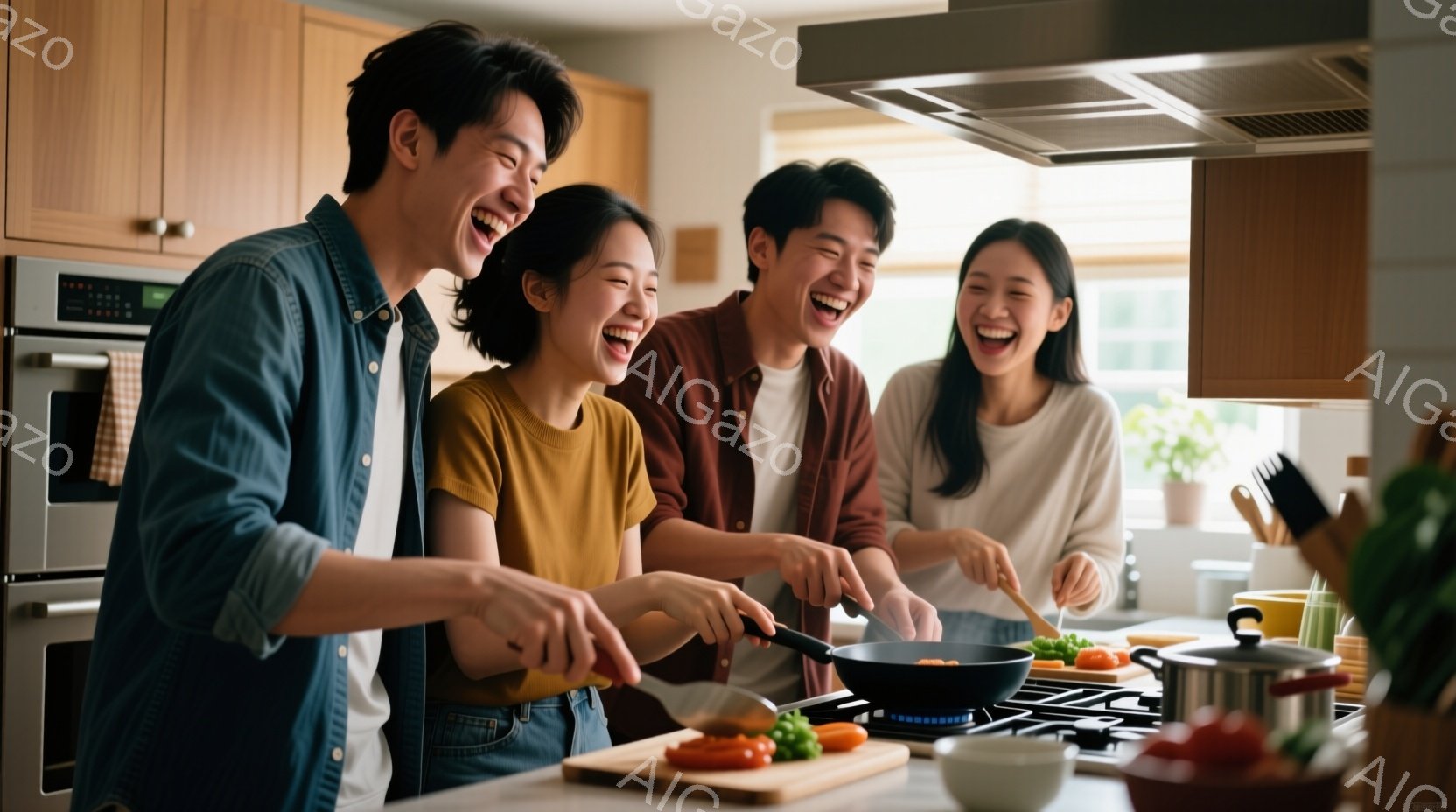 暖色系のキッチンで、四人の若い男女が料理を楽しんでいる様子が写っている。全員明るい笑顔で、フライパンを囲みながら食材を切ったり、炒めたりしている。背景には調理器具や食器が並び、家庭的で温かい雰囲気が漂 - AI生成フリー素材