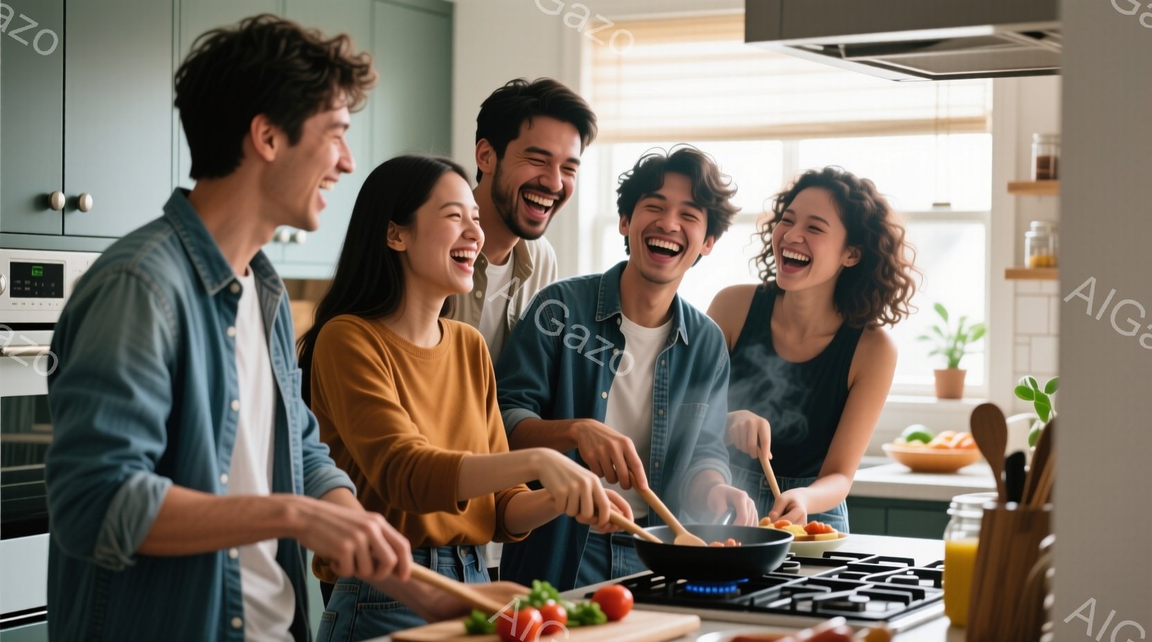 4人の若い男女がキッチンで料理を楽しんでいる様子が写っている。男性はデニムシャツを着ており、女性はオレンジ色や黒のトップスを着ている。皆、笑顔で料理をしており、温かく、幸せな雰囲気が漂っている。