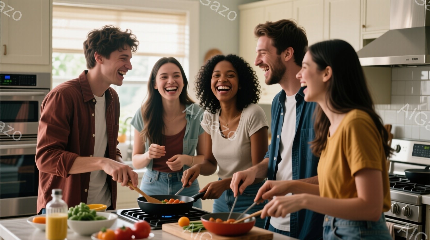 4人の若い男女がキッチンで料理をしており、皆笑顔で楽しんでいる様子が伺える。男性は赤茶色のシャツを着ており、女性は白や黄色いトップスとジーンズ姿で、カジュアルな雰囲気だ。背景には調理台や調理器具、窓から見える緑があり、明るく温かい家庭的な空間が表現されている。