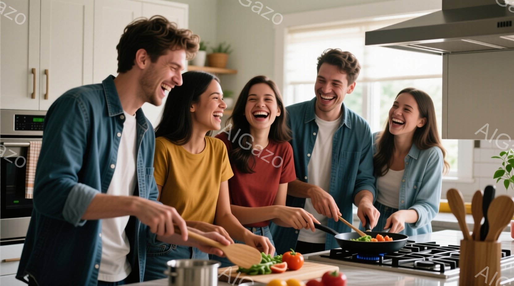 キッチンのカウンターで料理をする男女５人が写っている。皆カジュアルな服装で、デニムシャツを着ている人もいる。誰もが笑顔で、楽しそうに料理を楽しんでいる様子が伝わってくる。 - AI生成フリー素材