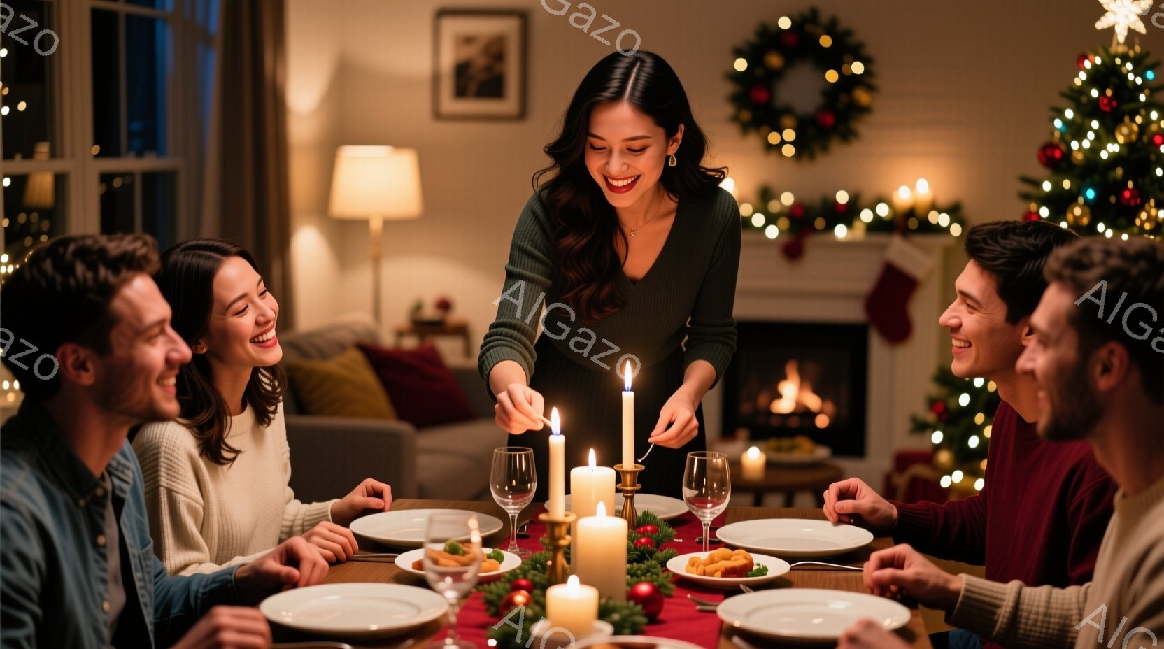 暖炉のある居間で、若い男女がディナーを楽しんでいる様子が写っている。女性は緑色のセーターを着て、キャンドルに火を灯しており、周囲の人々は笑顔でその様子を見守っている。背景にはクリスマスツリーや装飾が施 - AI生成フリー素材