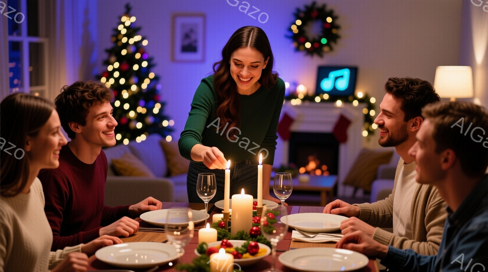 暖炉とクリスマスツリーが飾られたリビングで、女性がダイニングテーブルのキャンドルに火を灯している場面だ。彼女は緑色のセーターを着ており、髪を後ろでまとめている。テーブルには料理が並べられ、周囲の人々は - AI生成フリー素材