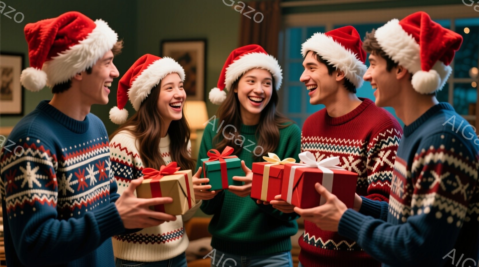 暖炉のある部屋で、クリスマスの帽子を被った若い男女がプレゼントを交換し合っています。彼らは皆、笑顔で喜びを分かち合い、それぞれカラフルな包装紙で包まれたプレゼントを手にしています。背景には絵画が飾られ、温かく、お祝いムードに満ちたクリスマスの光景が広がっています。