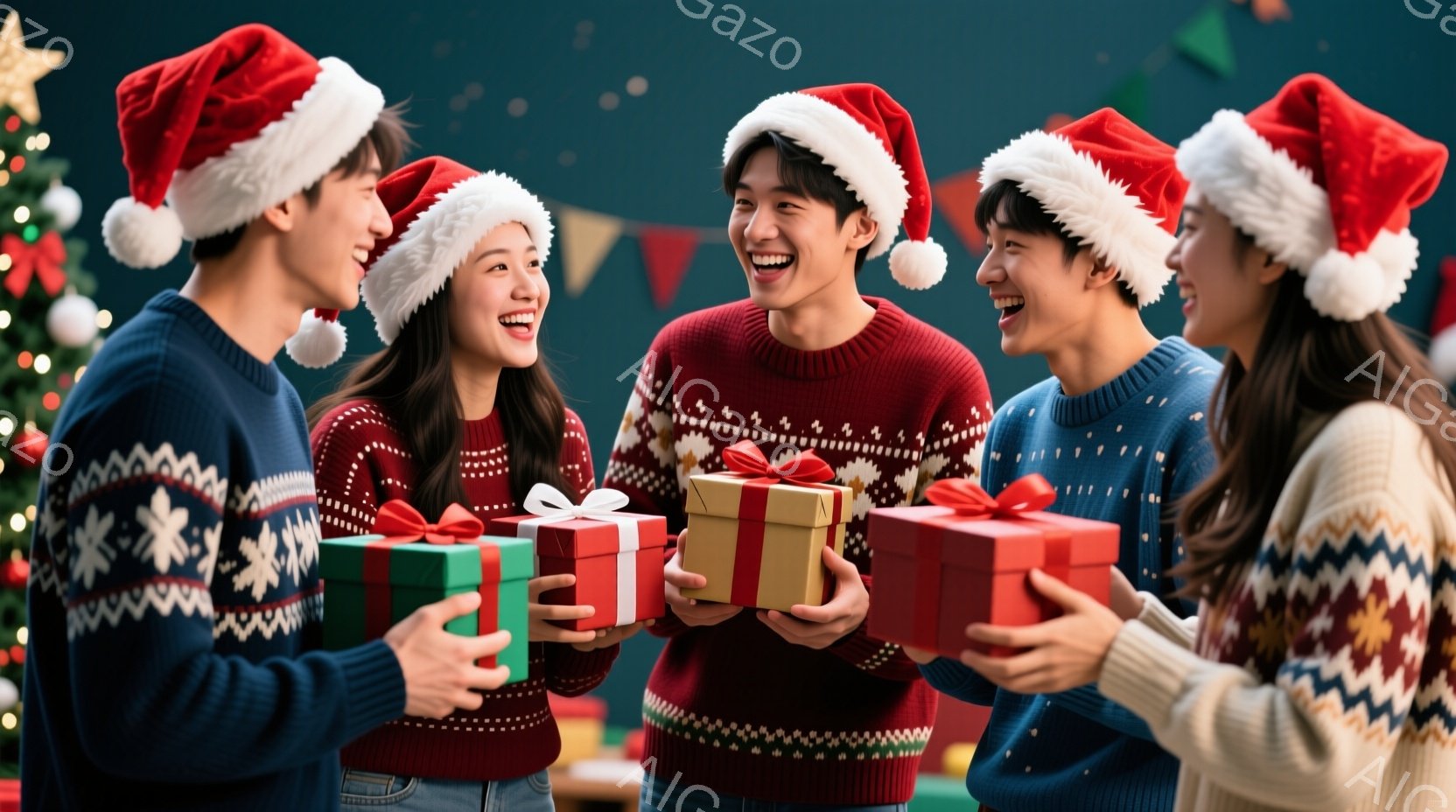 4人の若い男女がクリスマスプレゼントを交換している様子が写っています。それぞれクリスマス柄のセーターを着て、赤いサンタの帽子を被り、笑顔でプレゼントを受け渡しています。背景にはクリスマスツリーや飾り付けが見え、暖かく幸せなクリスマスの雰囲気が漂っています。