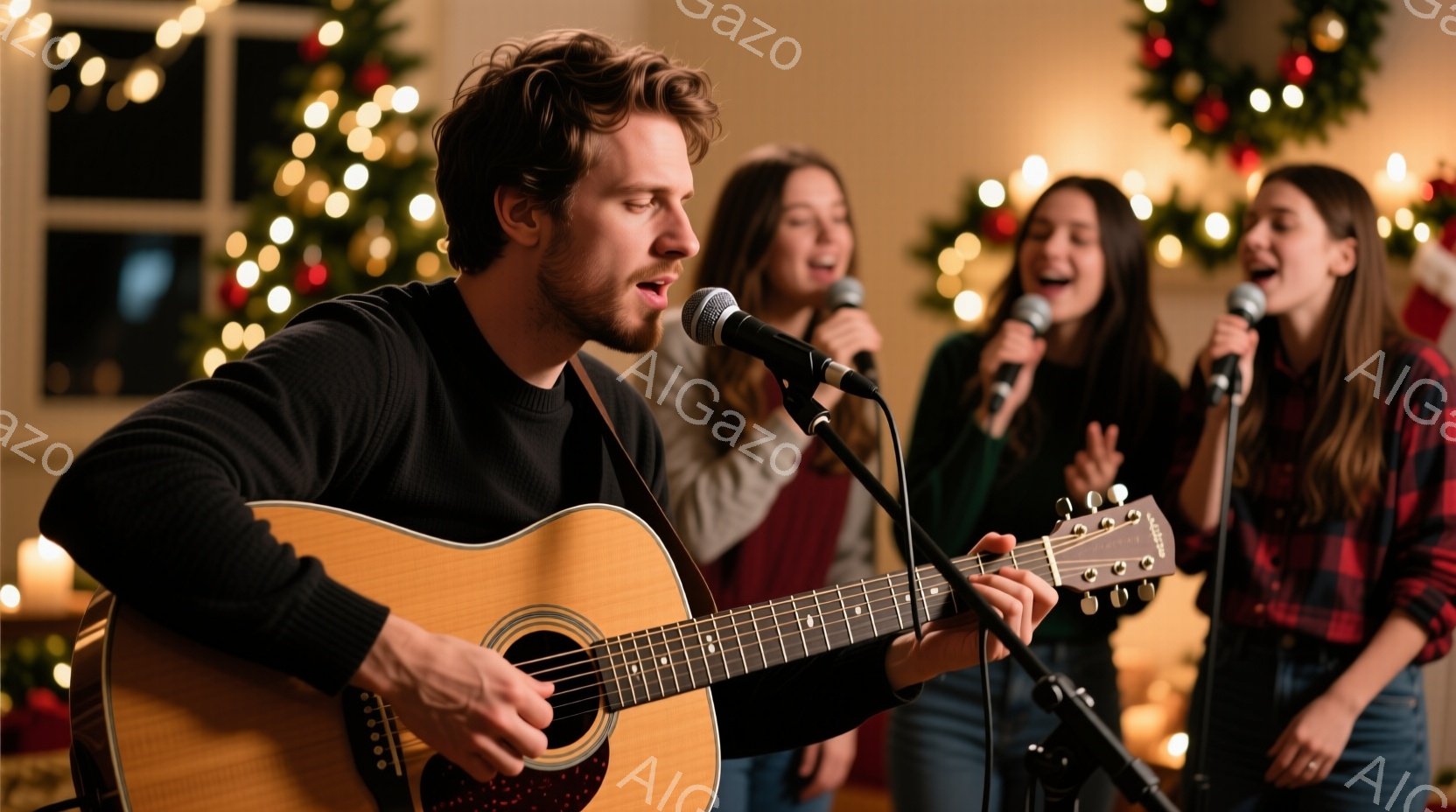 ギターを弾きながら歌う男性と、マイクに向かって歌う女性たちが写っています。男性は黒いセーターを着ており、女性たちはそれぞれ緑と赤のチェック柄のシャツを着ています。背景にはクリスマスの飾り付けがあり、温かく楽しい雰囲気が漂っています。