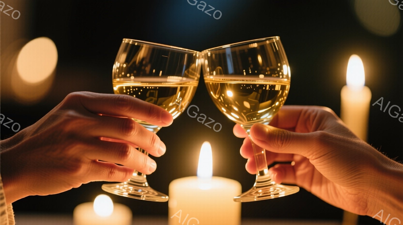 暖炉の光とキャンドルの炎に照らされた、2つのワイングラスが互いに触れ合う瞬間が捉えられています。グラスには淡い黄金色の液体が満たされ、優雅さとロマンチックな雰囲気を醸し出しています。背景は暗く、ぼやけ - AI生成フリー素材
