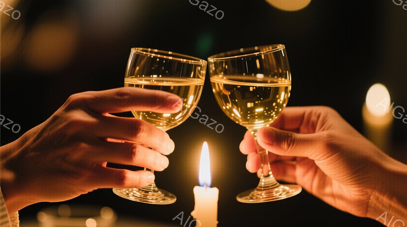 暖炉の光とキャンドルの炎が照らす中で、二組の手がワイングラスを掲げて乾杯している様子が捉えられている。グラスの中の液体は泡立ち、キラキラと輝き、グラスの縁が光を受けてきらめいている。背景は暗く、ぼやけ - AI生成フリー素材