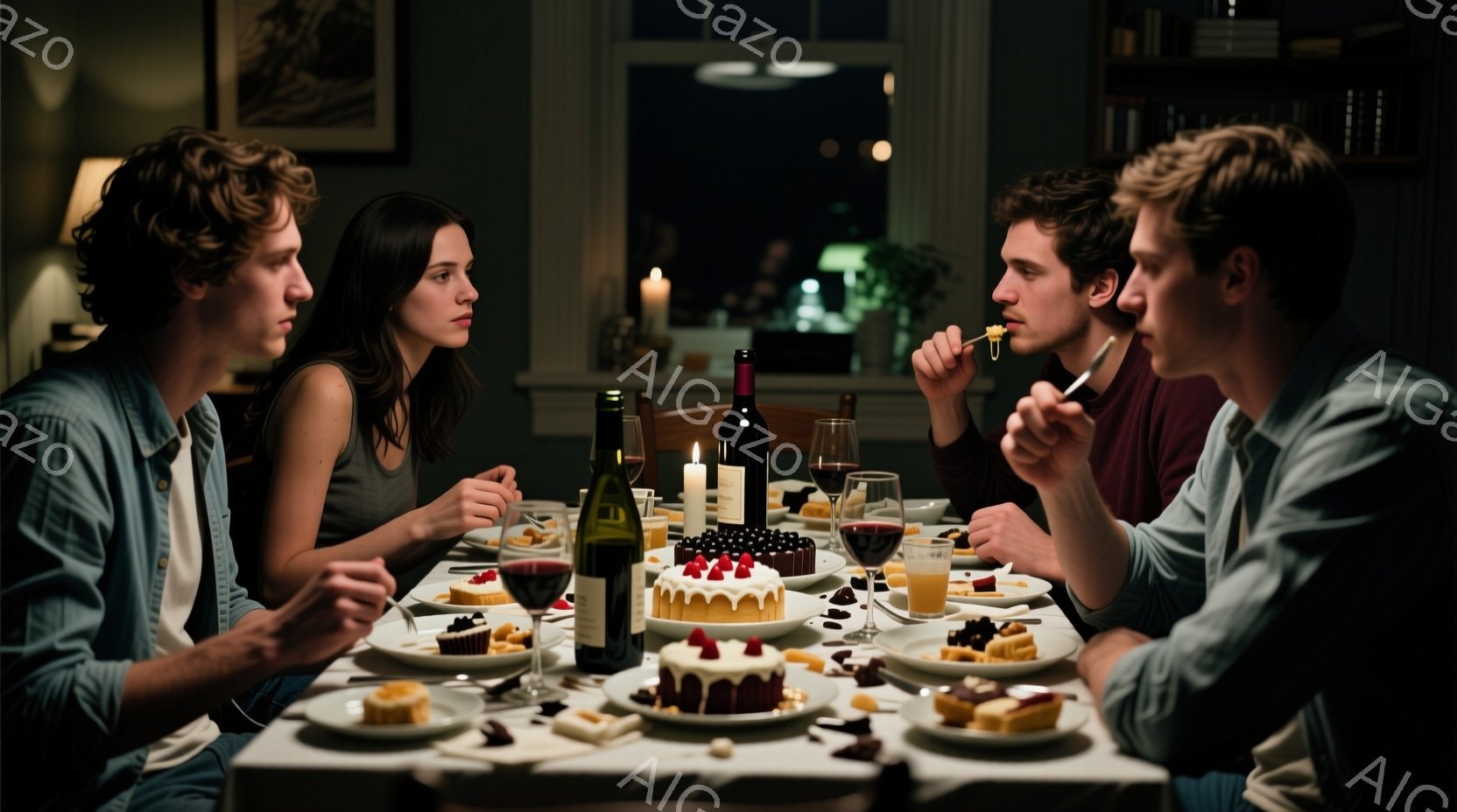 4人の男女がダイニングテーブルを囲んで食事をしている様子が写っている。男性はそれぞれカジュアルなシャツを着ており、女性は黒のキャミソールを着ている。テーブルの上にはワインボトル、グラス、ケーキ、果物などが置かれており、薄暗い照明と窓の外の暗闇が、やや緊張感のある雰囲気を醸し出している。