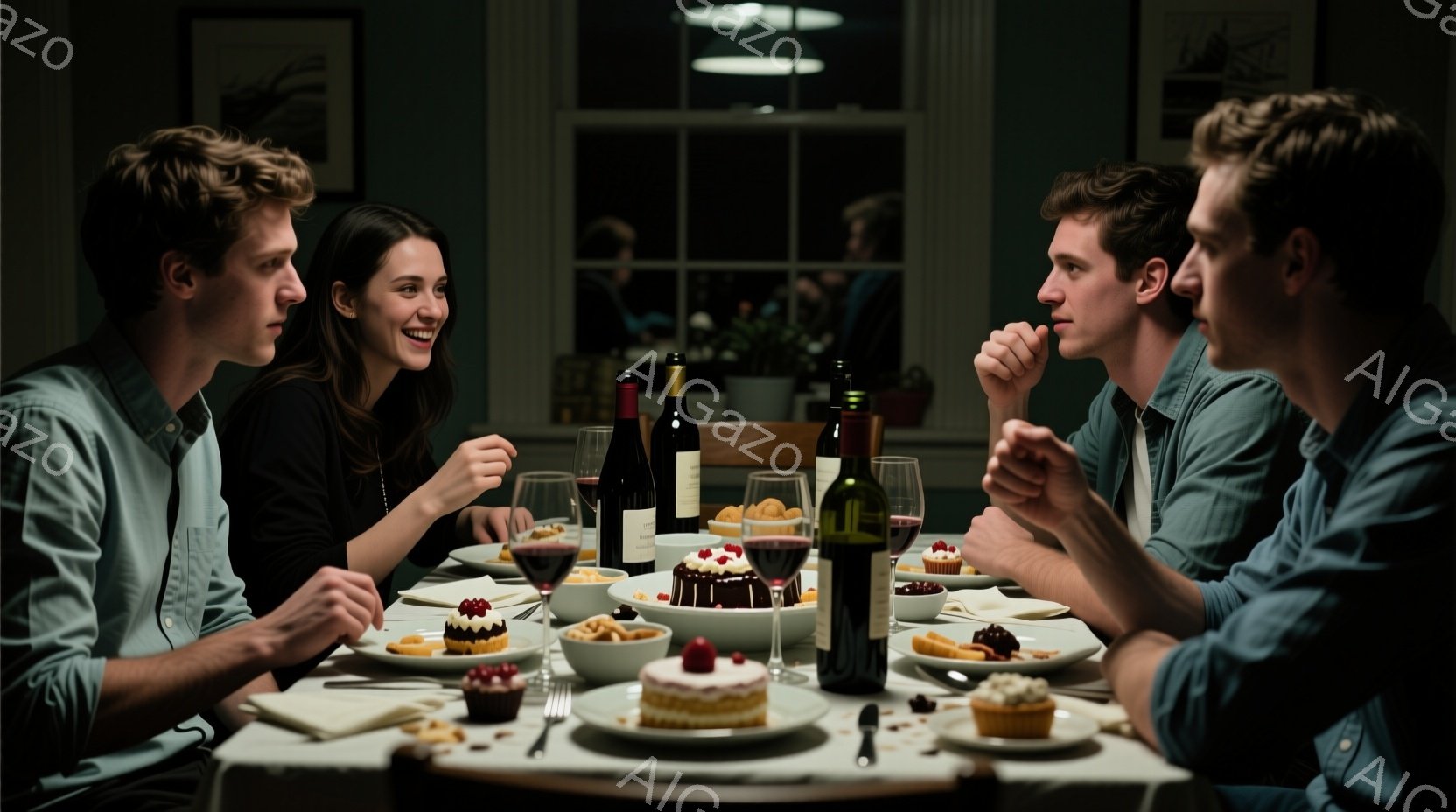 四人の若者がダイニングテーブルを囲んで食事をしている様子が写っている。女性は黒いトップスを着て笑顔を見せ、他の男性二人はそれぞれカジュアルなシャツを着て、考え込んでいるかのように手で顎を支えている。テーブルの上にはワインボトル、グラス、小さなケーキが置かれ、背景にはぼやけた窓と植物が見える、暖かく親密な雰囲気の室内である。