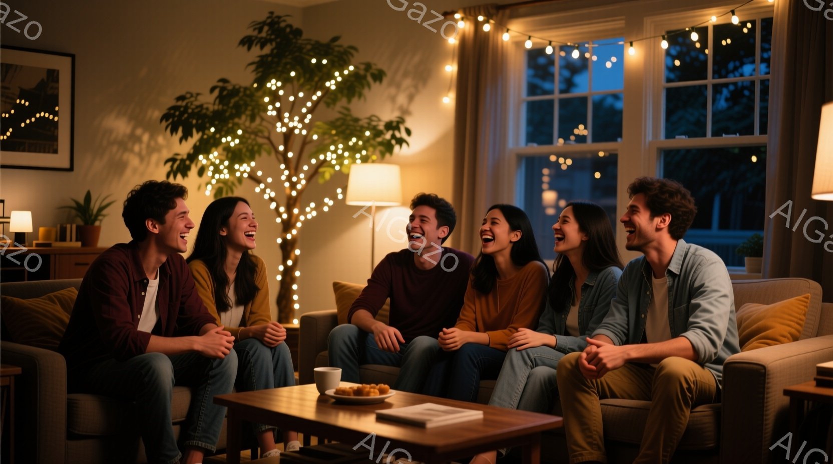 居間には、笑顔でソファに座る若い男女が6人います。彼らはカジュアルな服装で、女性は長い髪を下ろしており、男性は短髪またはミディアムヘアです。背景には、電飾が施された植物、窓から見える夕暮れ時の空、そしてシンプルな内装が見られ、暖かく親密な雰囲気を作り出しています。