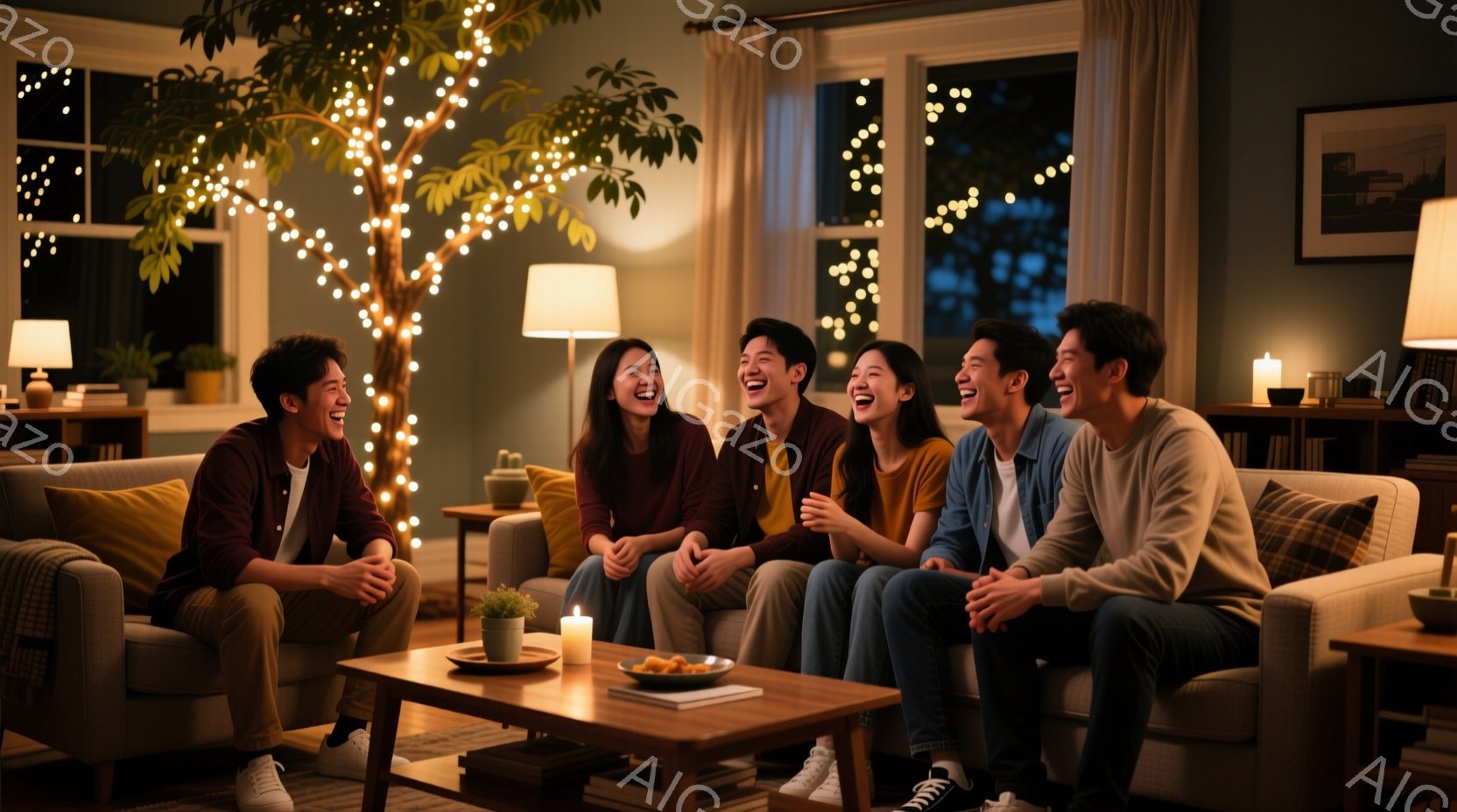 居心地の良いリビングルームで、5人の若い男女がソファーに座って楽しそうに笑っている。彼らはカジュアルな服装で、それぞれ異なる髪型をしているが、皆リラックスした表情を浮かべている。背景には、暖かい光を放 - AI生成フリー素材