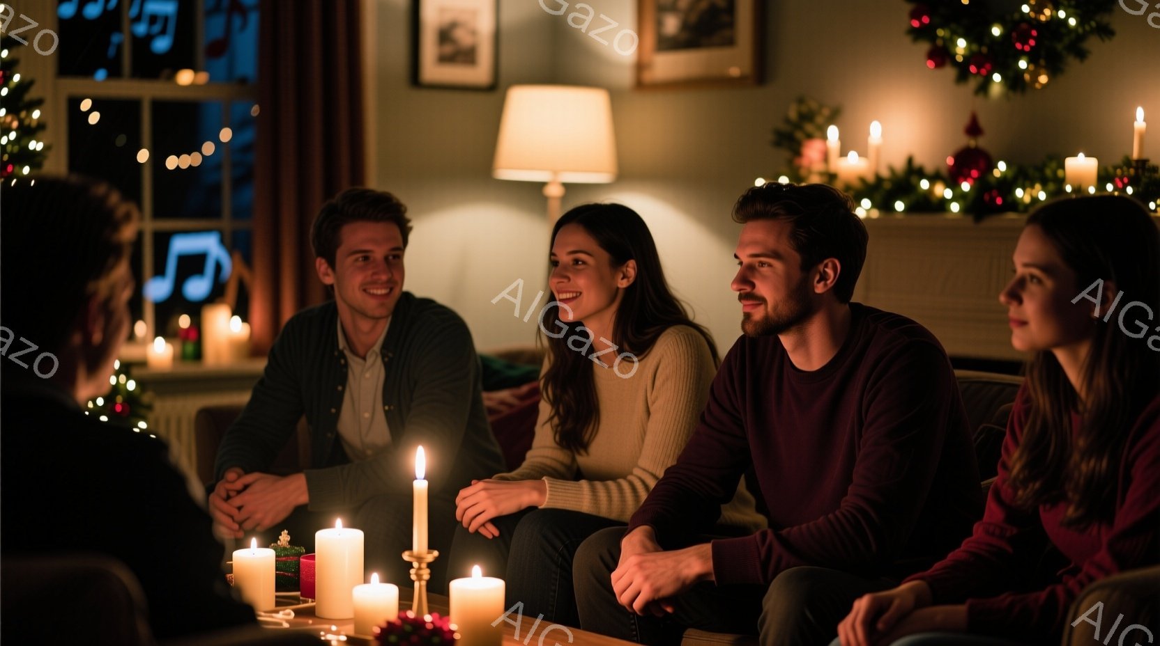 暖炉のあるリビングで、四人の男女が円座ってリラックスした時間を過ごしている。全員がカジュアルな服装で、笑顔を浮かべ、会話を楽しんでいる様子が伺える。背景にはクリスマスツリーとキャンドルが灯り、温かく穏 - AI生成フリー素材