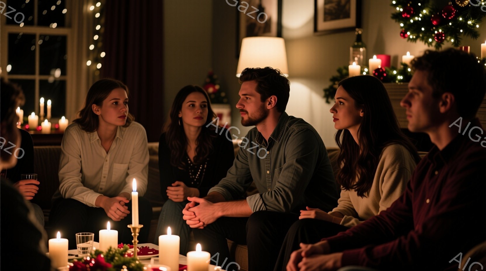 暖炉の光とたくさんのキャンドルに照らされた室内で、数人の男女が円座になって何かについて真剣に話し合っている様子が描かれている。服装はカジュアルで、女性は白や黒のトップス、男性はシャツを着ている。彼らの表情は少し緊張しており、真剣な眼差しで互いを見つめ合っているため、深刻な雰囲気である。