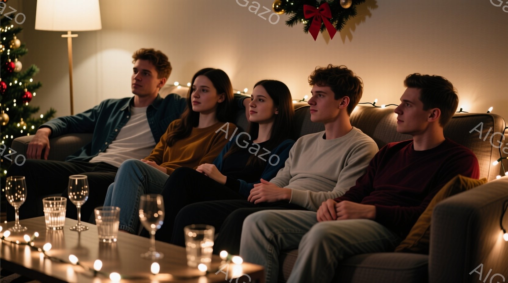 部屋にはソファーに並んで座る若い男女が五人います。彼らはカジュアルな服装で、それぞれがリラックスした姿勢で、何かを見ているようです。背景にはクリスマスツリーが飾られ、テーブルにはグラスが並べられており、温かく落ち着いた雰囲気を感じさせます。