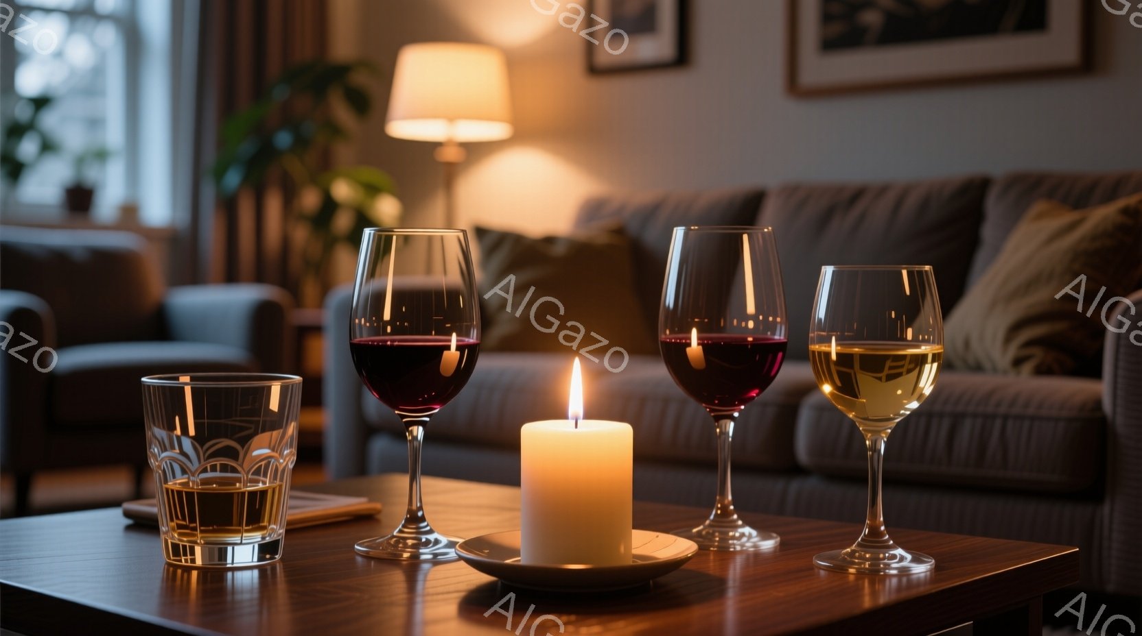 濃い木製のテーブルの上に、赤ワイングラス2つ、ウィスキーグラス1つ、そして点灯したキャンドルが置かれている。背景には、灰色のソファと、飾られた壁が見え、暖かく落ち着いた雰囲気の室内である。キャンドルの - AI生成フリー素材