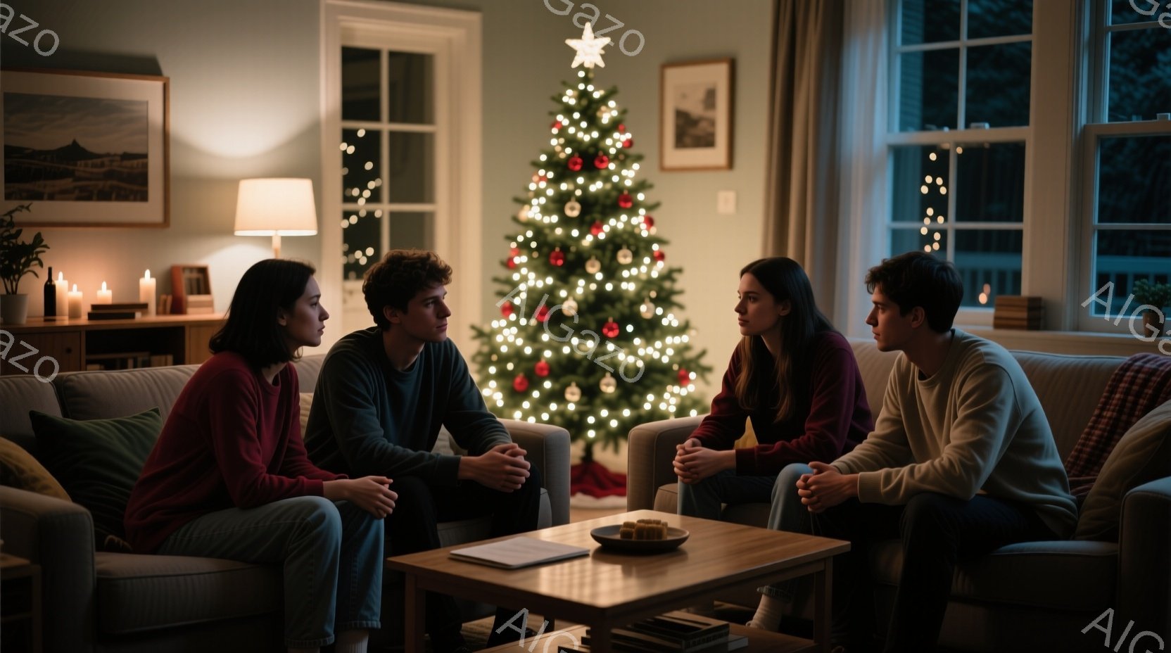 暖炉のあるリビングルームで、四人の若い男女が円形に座って穏やかに会話している様子が描かれている。彼らはカジュアルな服装で、それぞれ表情は穏やかで、リラックスした雰囲気が漂っている。背景には、クリスマスツリーや本棚が見え、暖かく落ち着いた雰囲気の室内が表現されている。