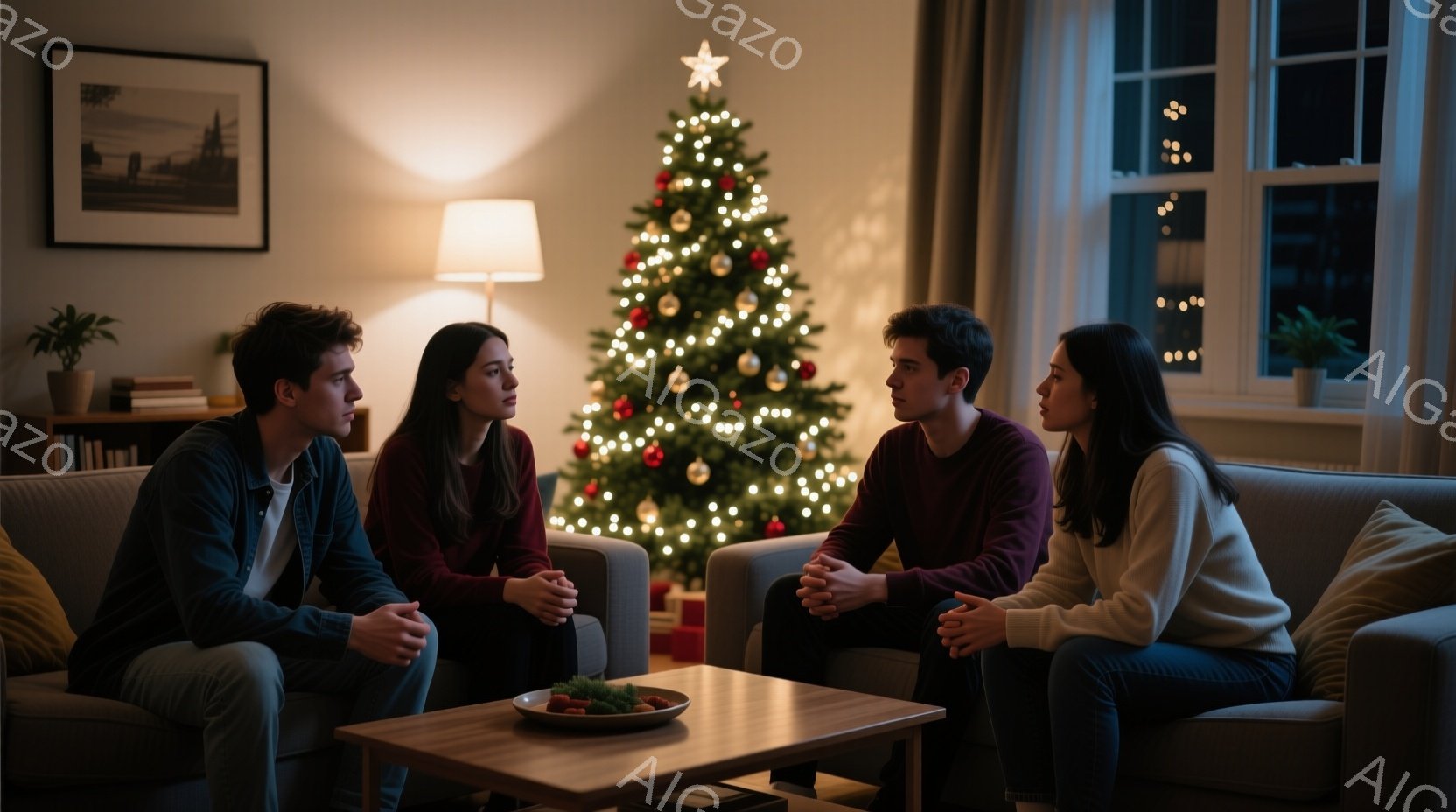 暖炉の前に座っている若い男女4人が写っている。彼らはカジュアルな服装で、少し憂鬱な表情をしている。背景にはクリスマスツリーが飾られ、居間全体が暖かく、静かな雰囲気を醸し出している。 - AI生成フリー素材
