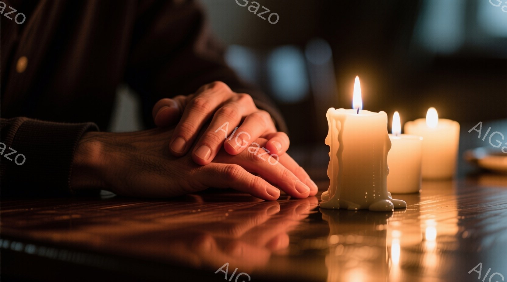 暗い木製のテーブルの上に、数本の火の灯るキャンドルが置かれている。テーブルの上の手のひらは祈るように重ねられており、落ち着いた祈りの瞬間や内省の時間を表しているように見える。キャンドルの暖かい光が手のひらを照らし、全体的に静かで瞑想的な雰囲気を醸し出している。