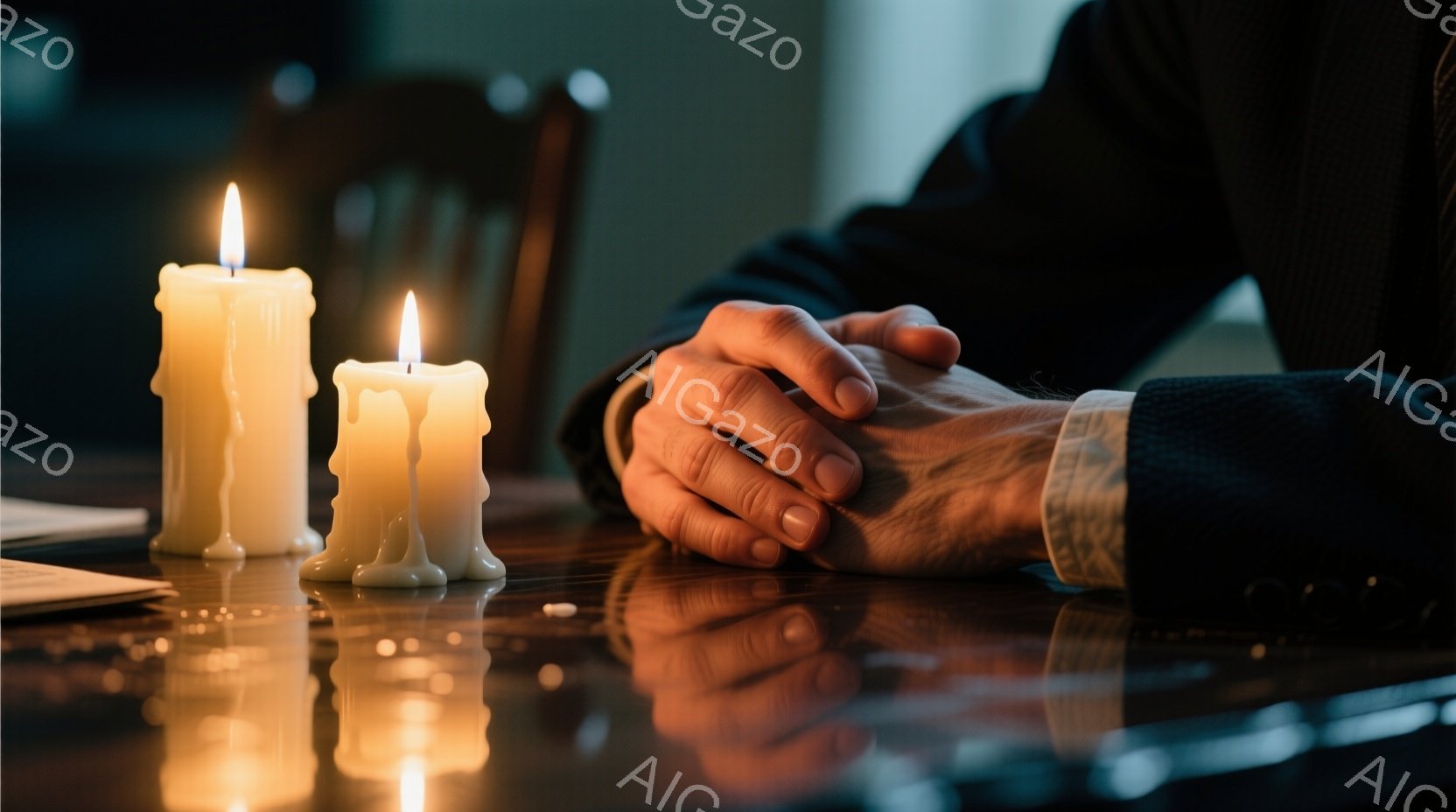 溶けかけた白いロウソクが二本、暗い木製のテーブルの上に置かれ、静かに炎を灯している。テーブルの上には何か紙のようなものも見え、背景にはぼんやりと椅子が見える。テーブルに寄り添うように置かれた手の様子から、深い悲しみや静かな祈りの雰囲気が感じられる。