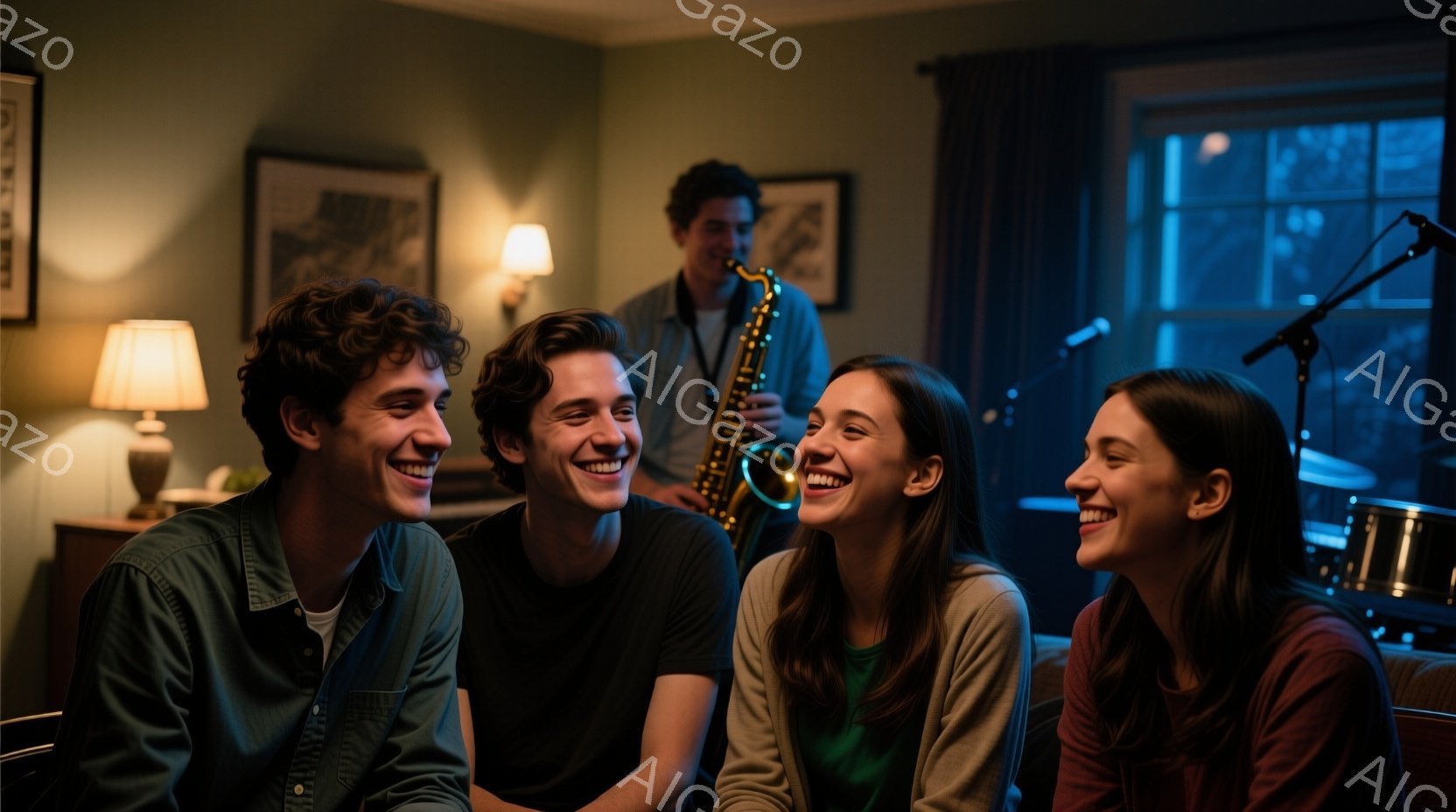 暖炉のある居間で、若い男女がリラックスして座り、楽しそうに笑い合っている。男性はそれぞれ緑色と黒色のシャツを着ており、女性は緑色と赤褐色のトップスを着用、全員が笑顔で、表情は明るい。背景にはサックスを吹く男性とドラムセットが見え、室内は温かく、親密な雰囲気で満たされている。