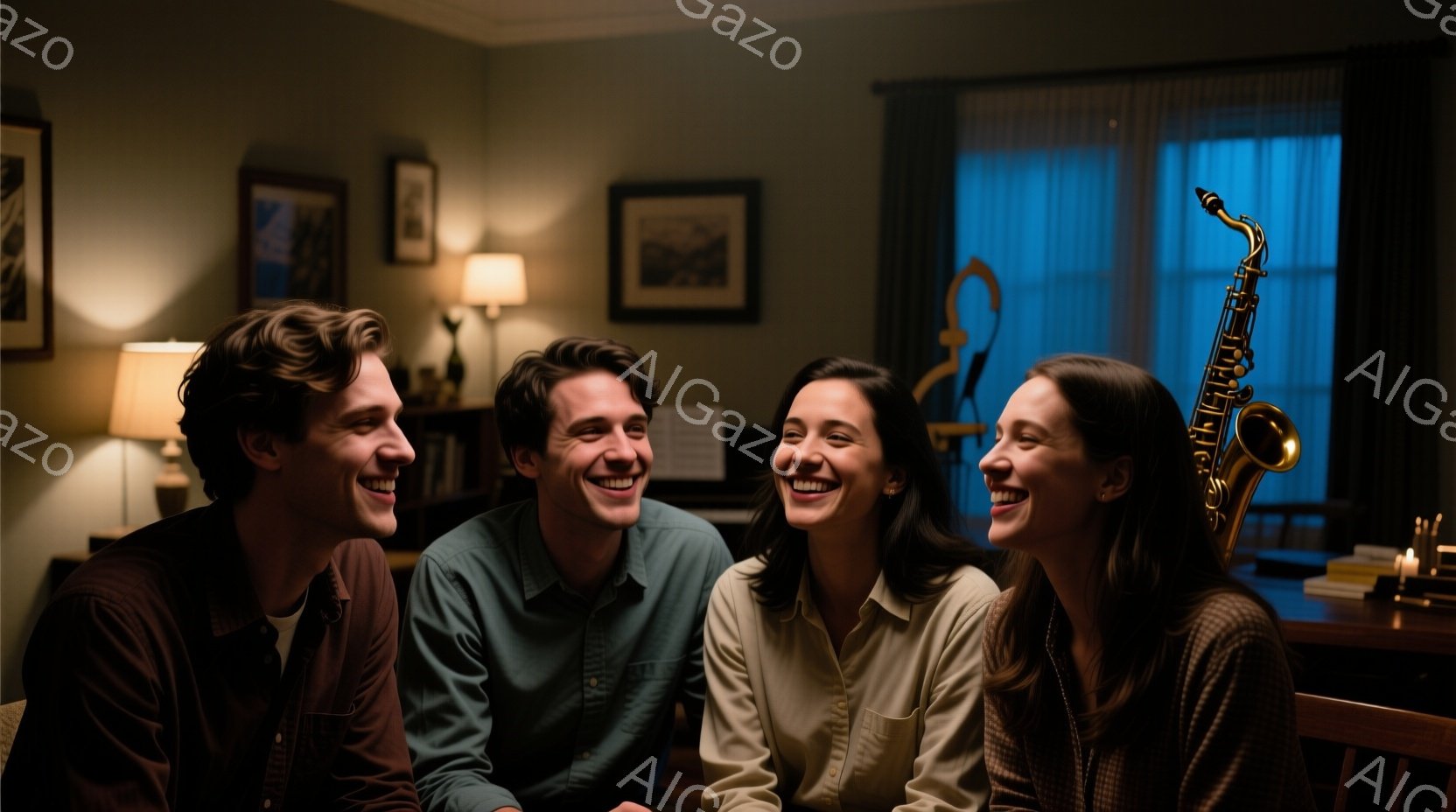 暖炉のある室内で、四人の若い男女が笑顔で座っている。男性はそれぞれ茶色や緑色のシャツを着ており、女性はベージュや茶色のシャツを着ている。背景には絵画や本棚があり、窓からは夜景が見え、室内は温かく穏やかな雰囲気が漂っている。