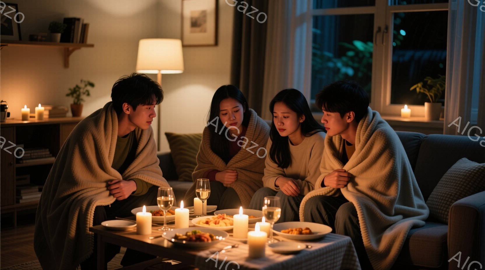暖炉のそばで毛布に包まれた四人の若者が、ローテーブルを囲んで食事をしている様子が描かれています。彼らは皆暗い色の髪で、やや憂鬱そうな表情をしており、親密な雰囲気の中で静かに時間を過ごしています。背景には本棚と窓があり、外は夜で、キャンドルの光が室内を照らしています。