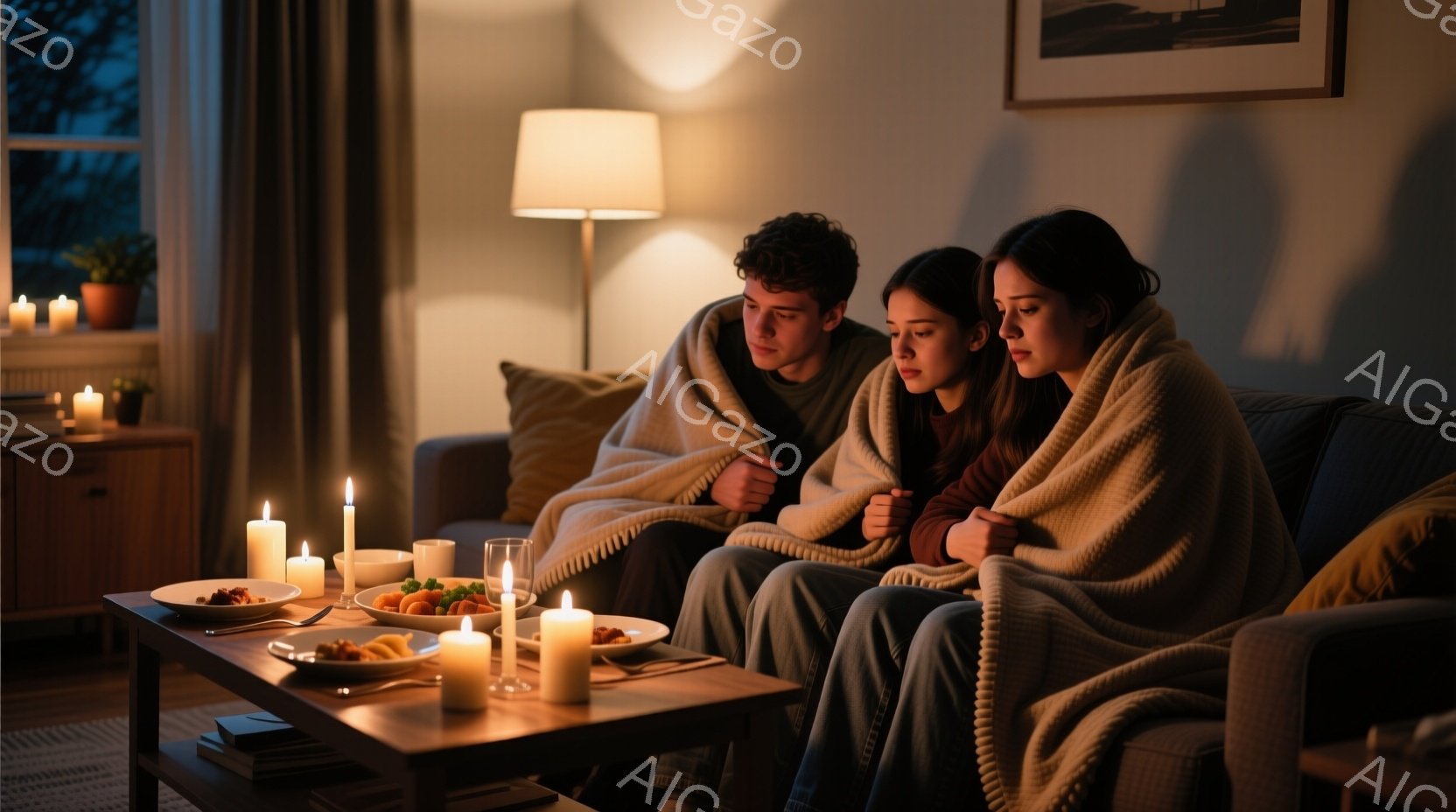 暖炉の光とキャンドルの明かりが照らすリビングルームで、若い男女が寄り添ってソファに座っている。彼らは毛布に包まれ、やや憂鬱そうな表情で何かを見つめているようだ。テーブルの上には料理が並び、部屋全体が落ち着いた、静かな雰囲気に包まれている。