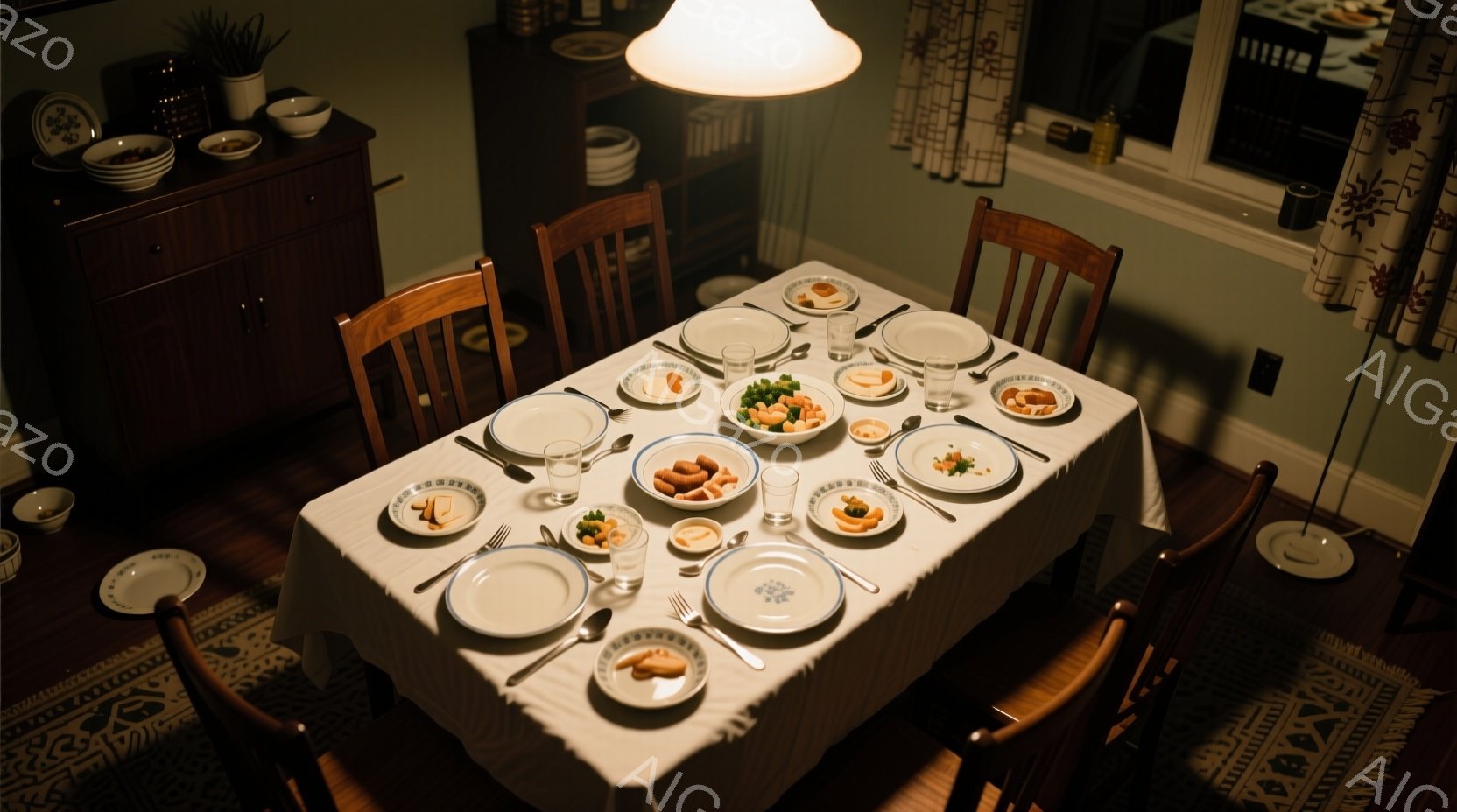 ダイニングテーブルは白いテーブルクロスで覆われ、丁寧に食事が並べられています。各プレートには、肉料理、野菜、ご飯などが盛り付けられ、数人が食事を始める直前の様子が伺えます。背景には木製のキャビネットや窓、そして控えめな照明があり、温かく落ち着いた家庭的な雰囲気が漂っています。