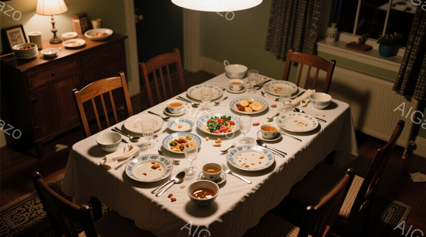 ダイニングテーブルには、様々な料理が並べられた皿が置かれ、食事が終わった後の様子が伺えます。テーブルクロスは白く、椅子は木製で、背景には薄暗い照明の下、家具や植物が見えます。 全体的に落ち着いた雰囲気で、食事の後の静けさや温かさを感じさせます。